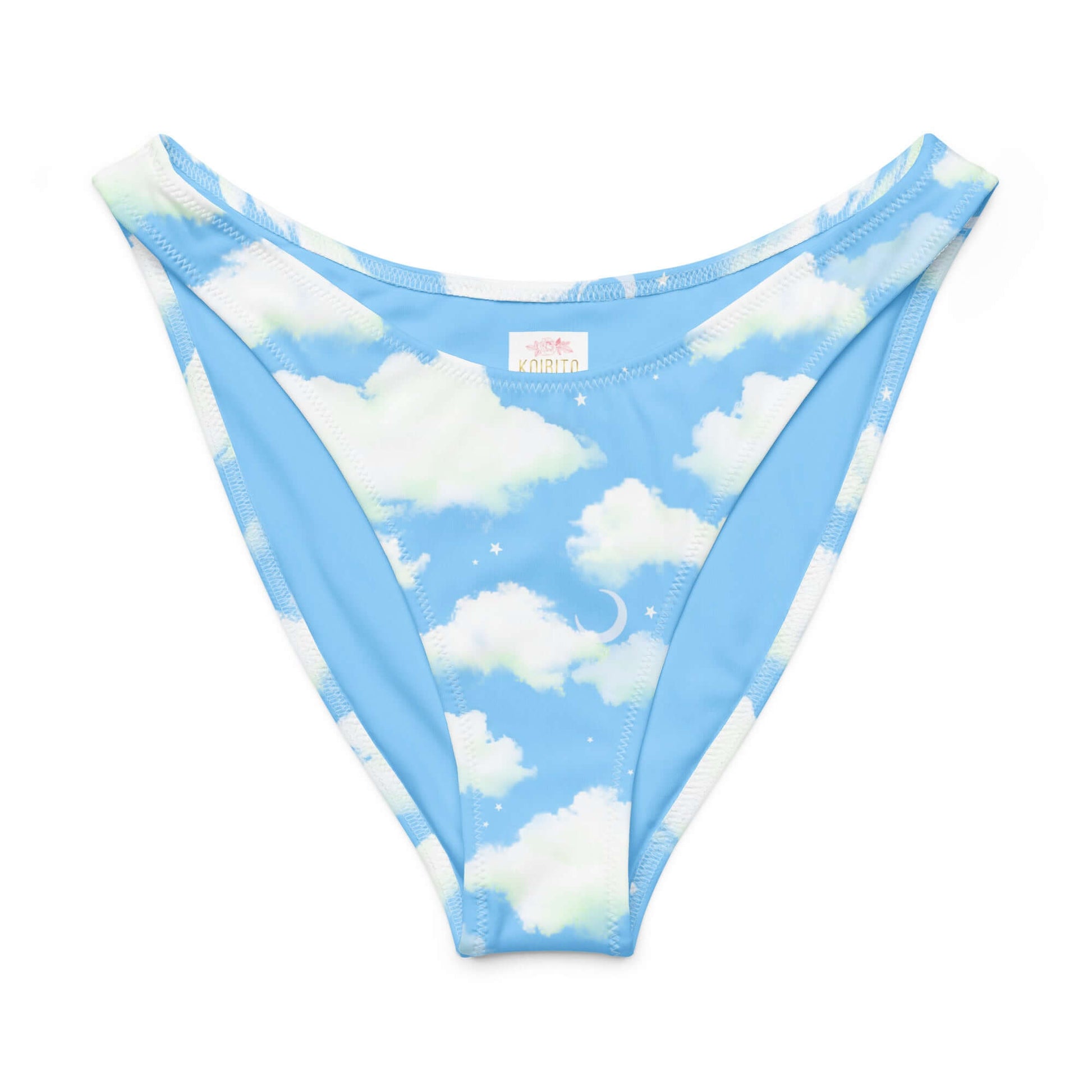 Cloudy sky print V-cut bikini bottom in soft, stretchy fabric with high-leg cut for a flattering beach look.