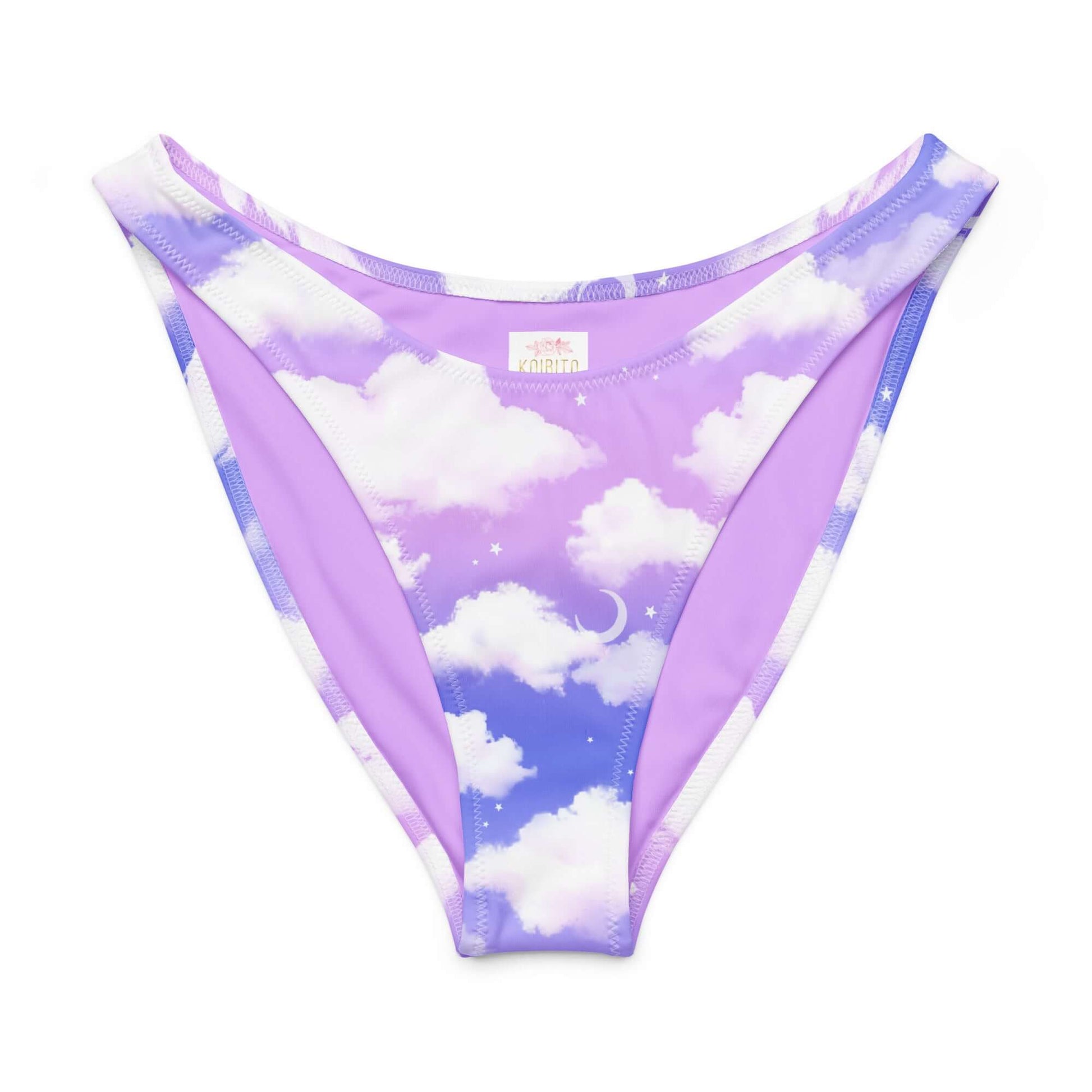 Cloudy Sky V-cut bikini bottom in soft purple with a high-leg cut, offering UPF 50+ sun protection and recycled fabric.