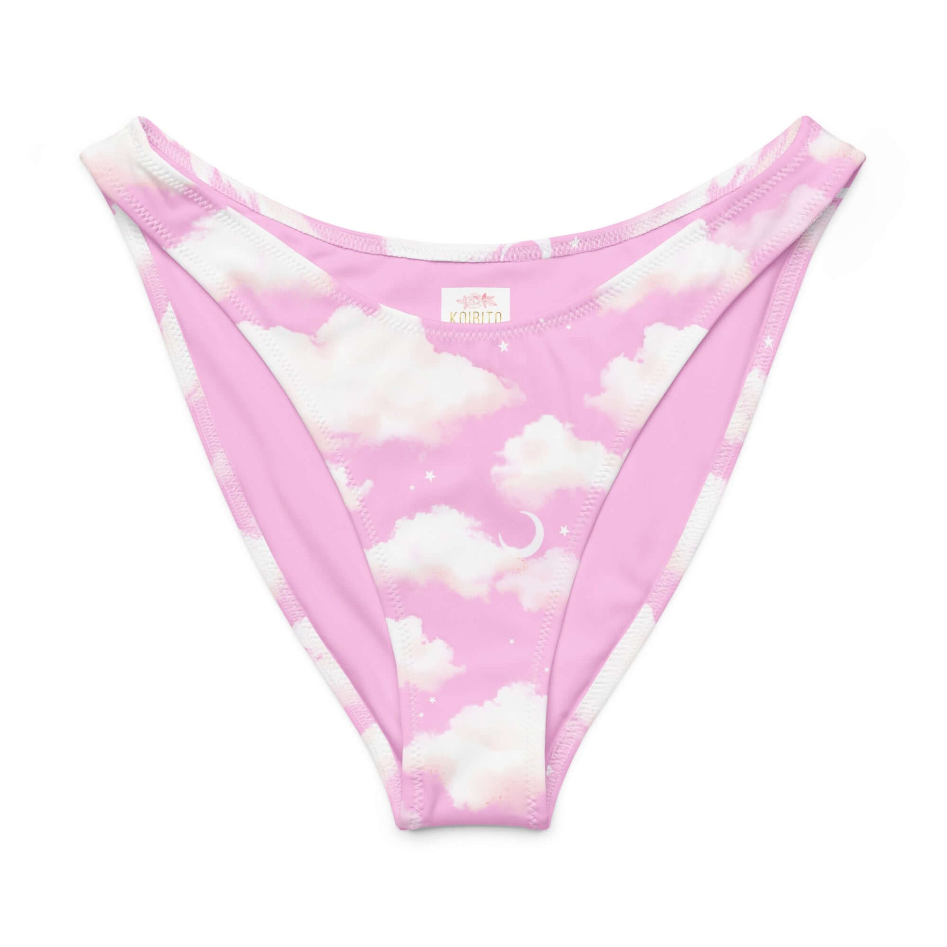 Cloudy Sky V-cut bikini bottom in soft pink with white cloud print, perfect for sunny days and stylish beach vibes.