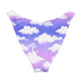 V-cut bikini bottom with dreamy cloudy sky print in pastel purple and pink tones, perfect for sunny beach days.
