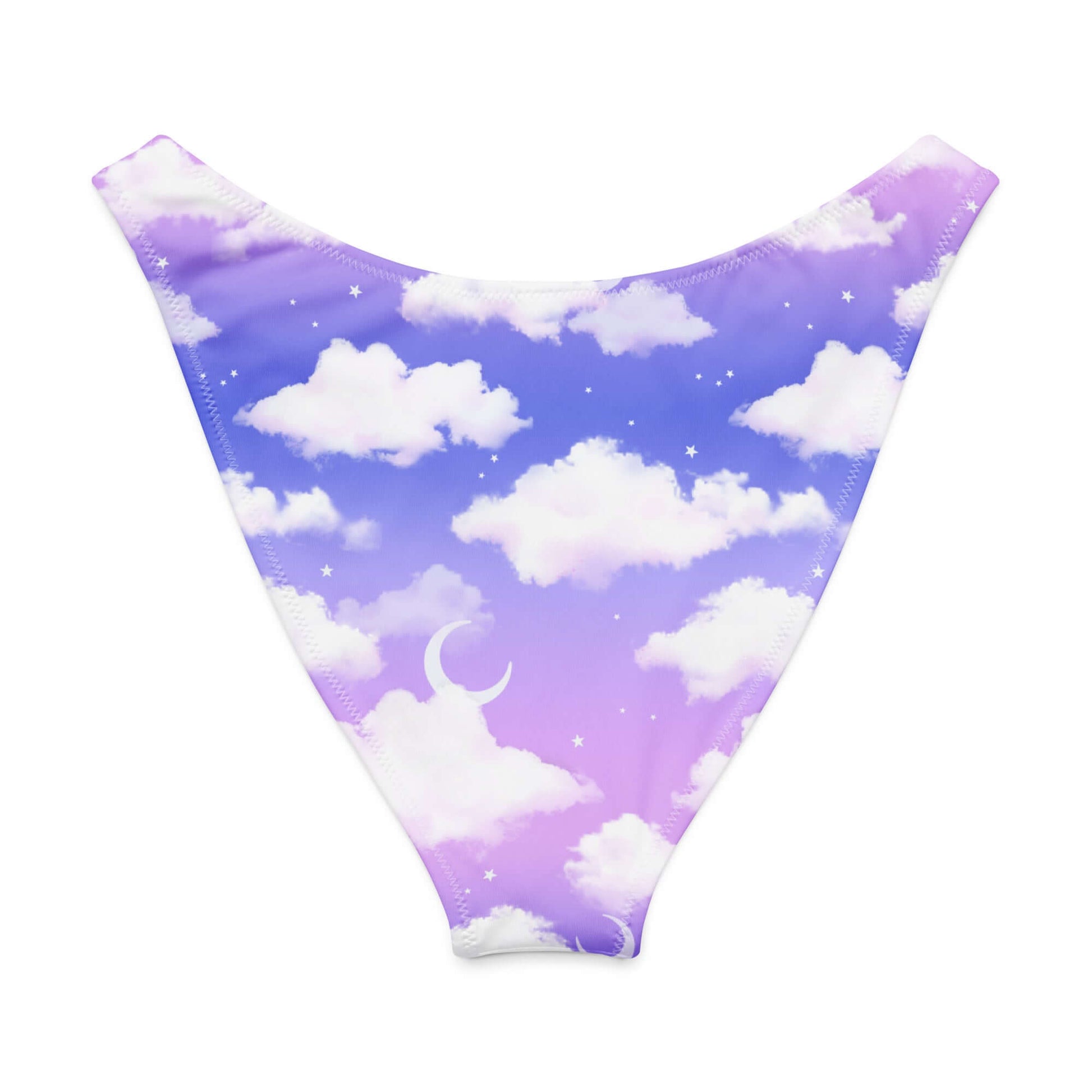V-cut bikini bottom with dreamy cloudy sky print in pastel purple and pink tones, perfect for sunny beach days.