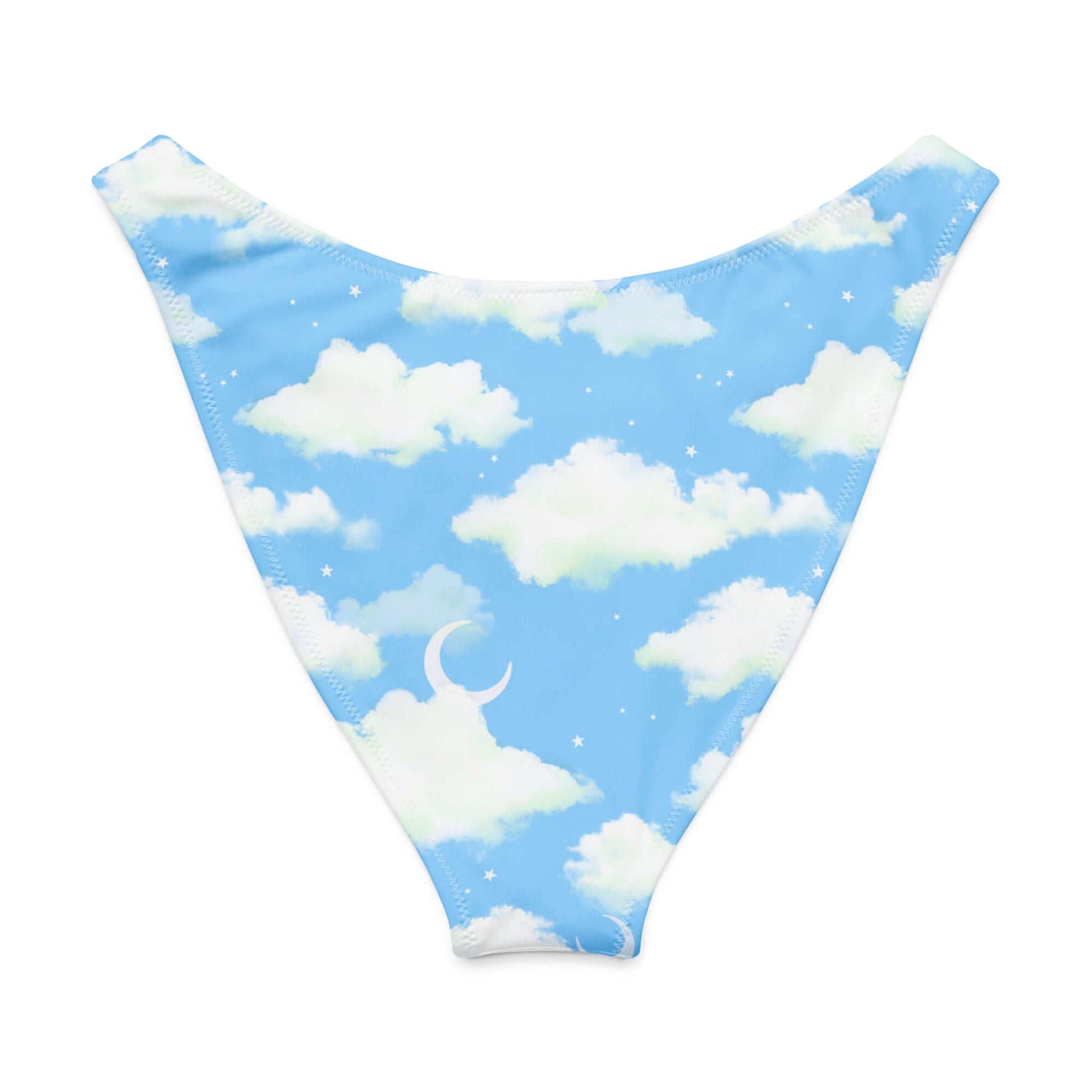 Cloudy Sky V-cut bikini bottom in soft blue with fluffy clouds, perfect for sunny days and stylish summer vibes.