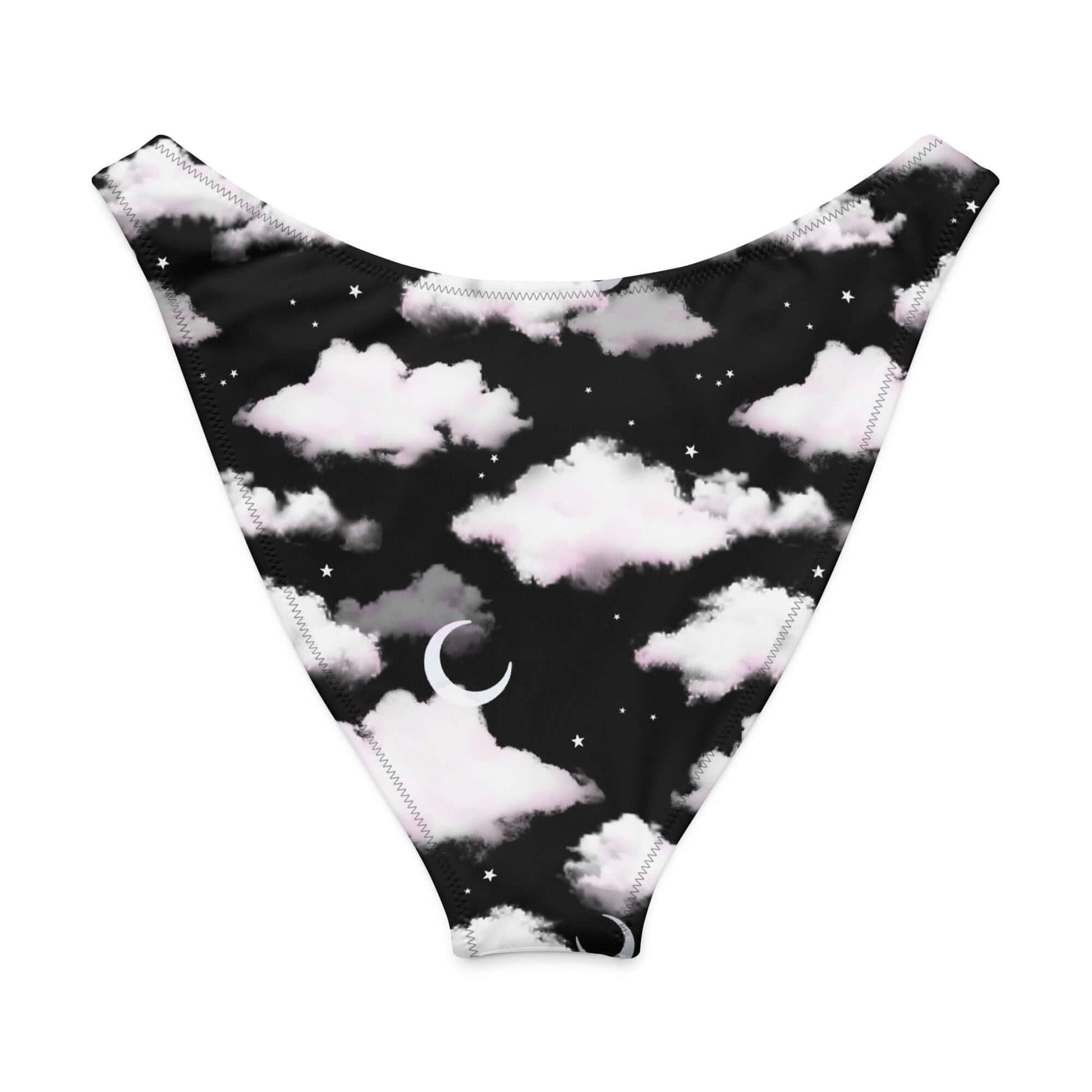 V-cut bikini bottom featuring a cloudy sky print with stars and a crescent moon, perfect for sunny days.