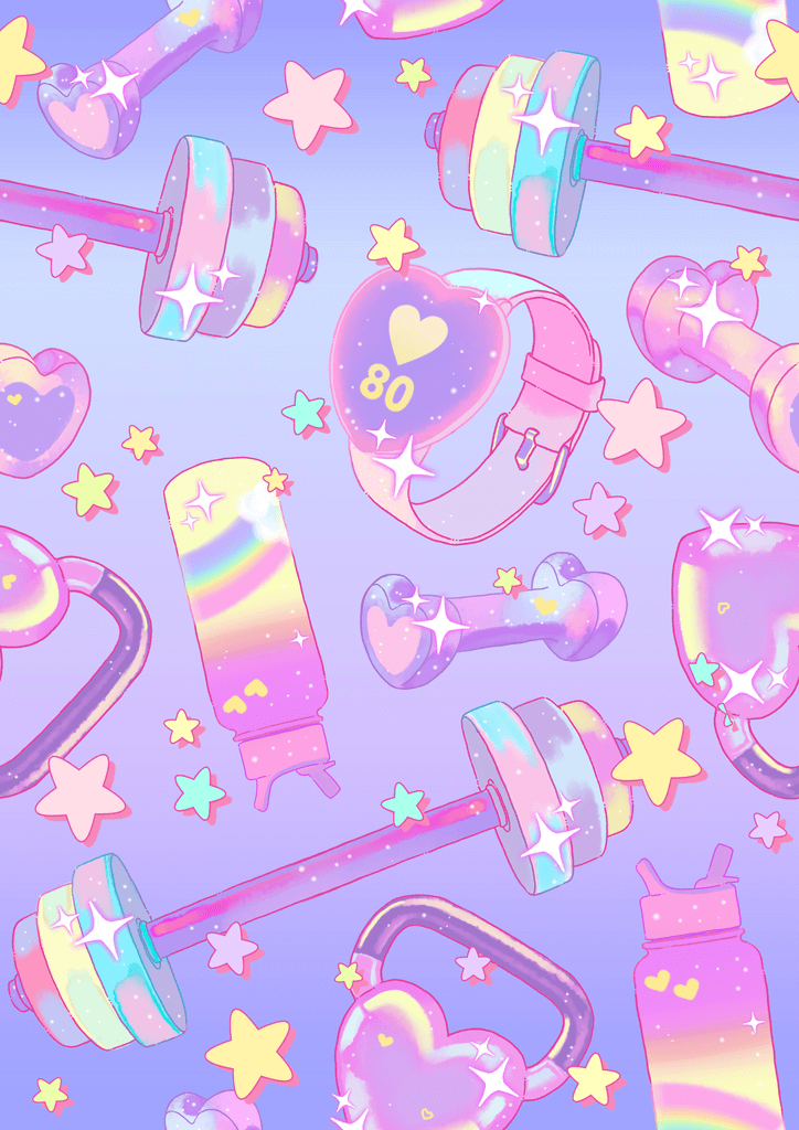 Colorful pastel workout theme with dumbbells, weights, and stars for fitness and motivation.