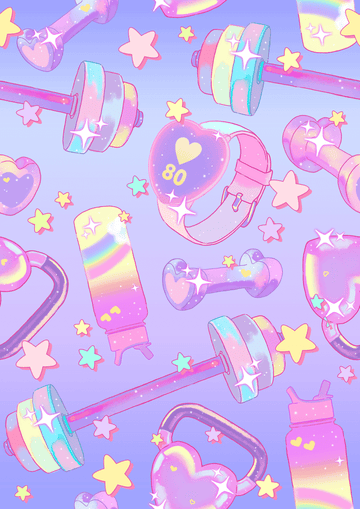 Colorful pastel workout theme with dumbbells, weights, and stars for fitness and motivation.