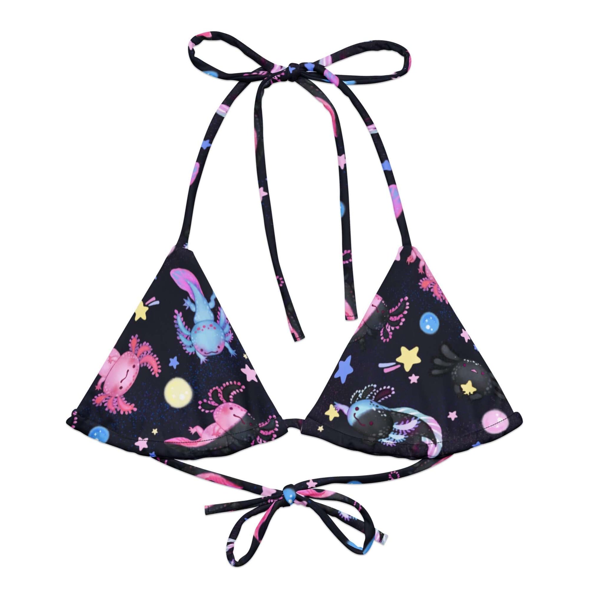 Eco-friendly Axolotl Padded String Bikini Top featuring vibrant prints and adjustable straps for summer style.
