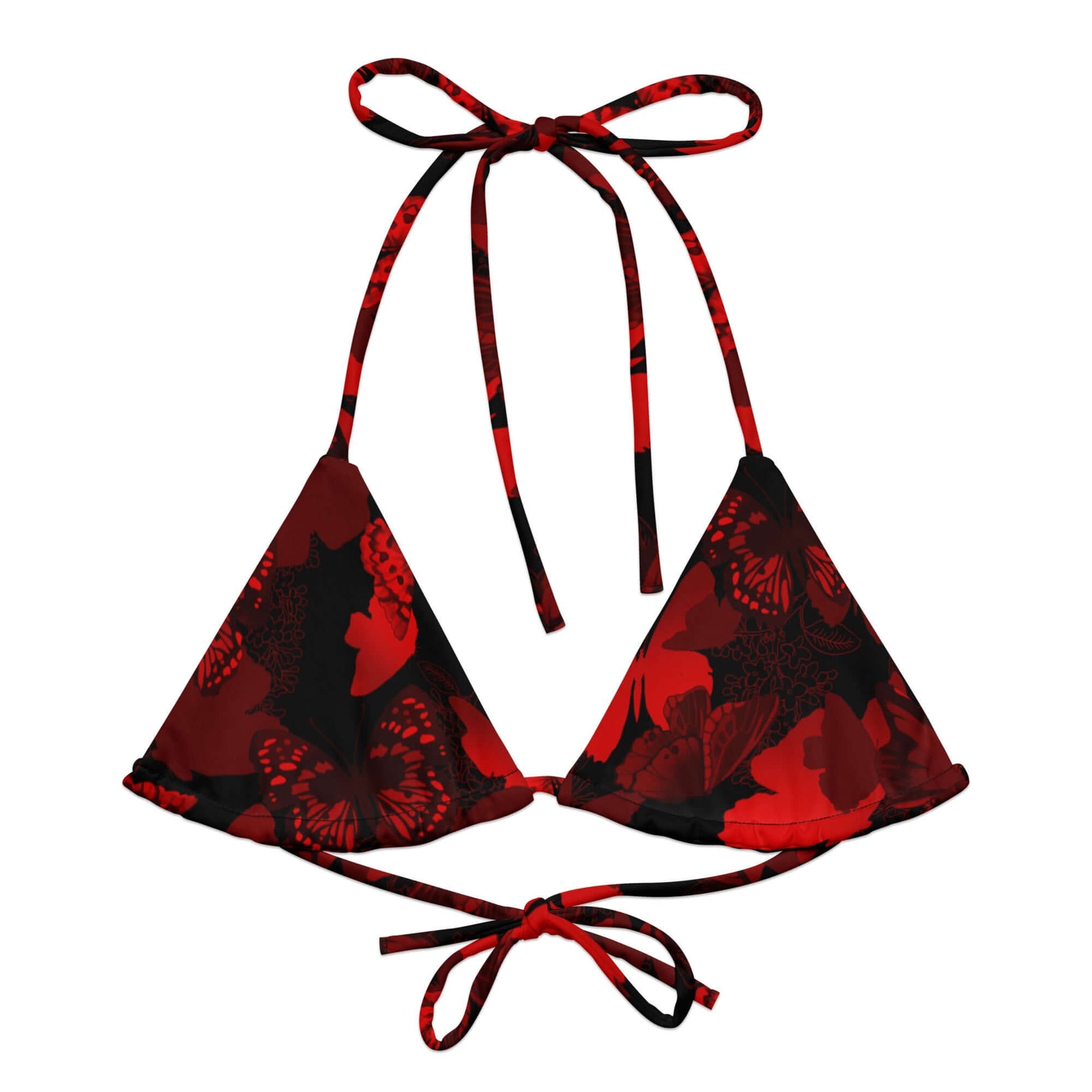 Stylish Butterfly Padded String Bikini Top in vibrant red and black, perfect for eco-friendly summer fun.