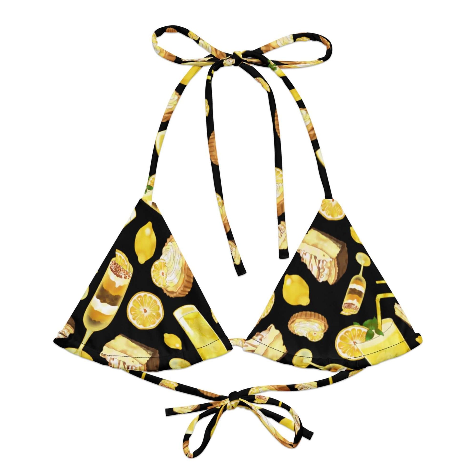 Stylish Lemon Padded String Bikini Top featuring vibrant prints, eco-friendly fabric, and adjustable straps for summer fun.