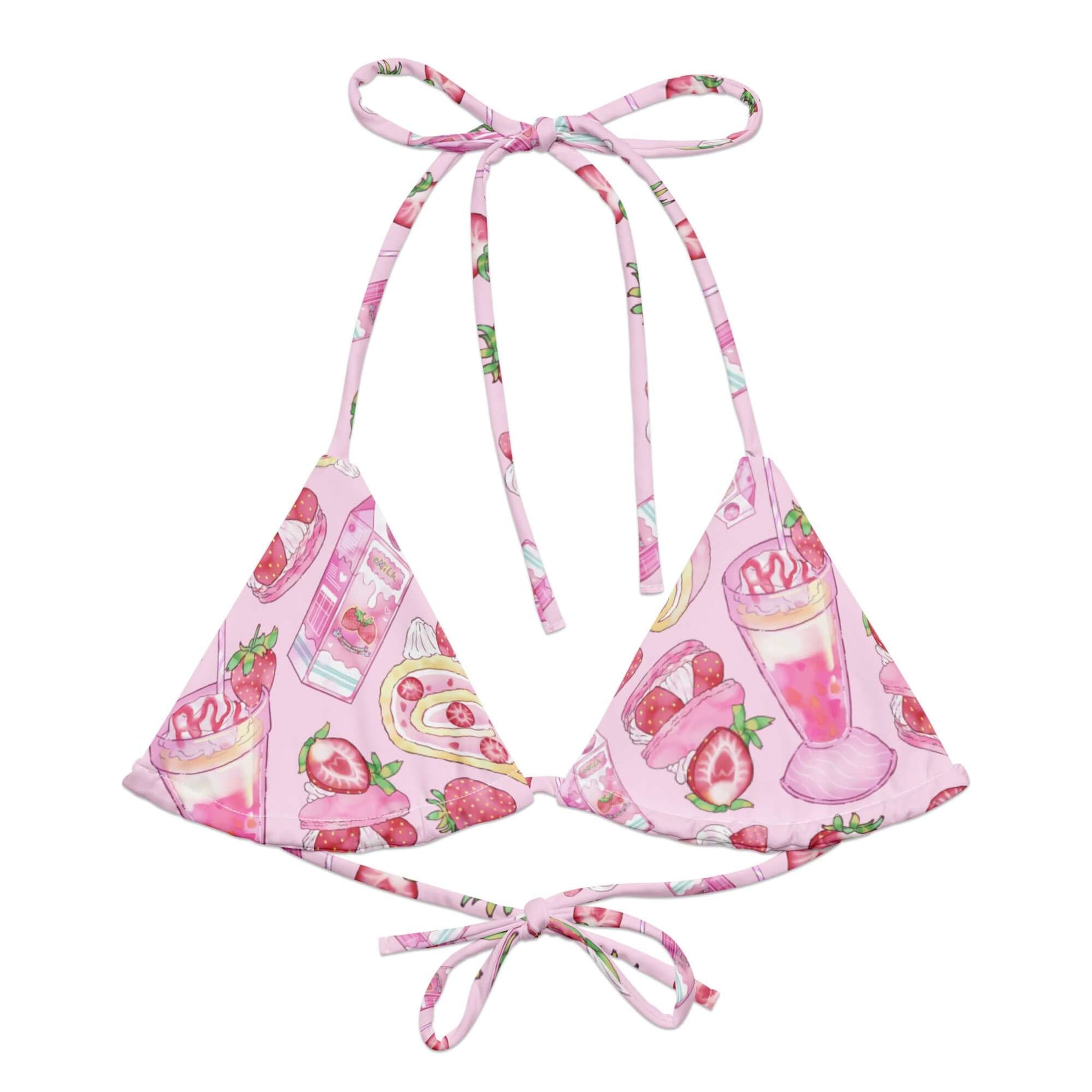 Eco-friendly Strawberry Padded String Bikini Top with stretchy straps, perfect for summer fun and stylish beach days.