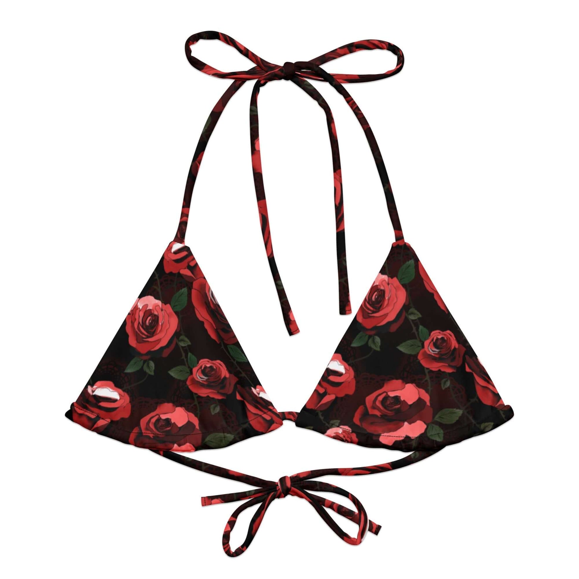 Elevate your beach style with the Enchanted Rose Padded String Bikini Top, featuring a vibrant floral design.