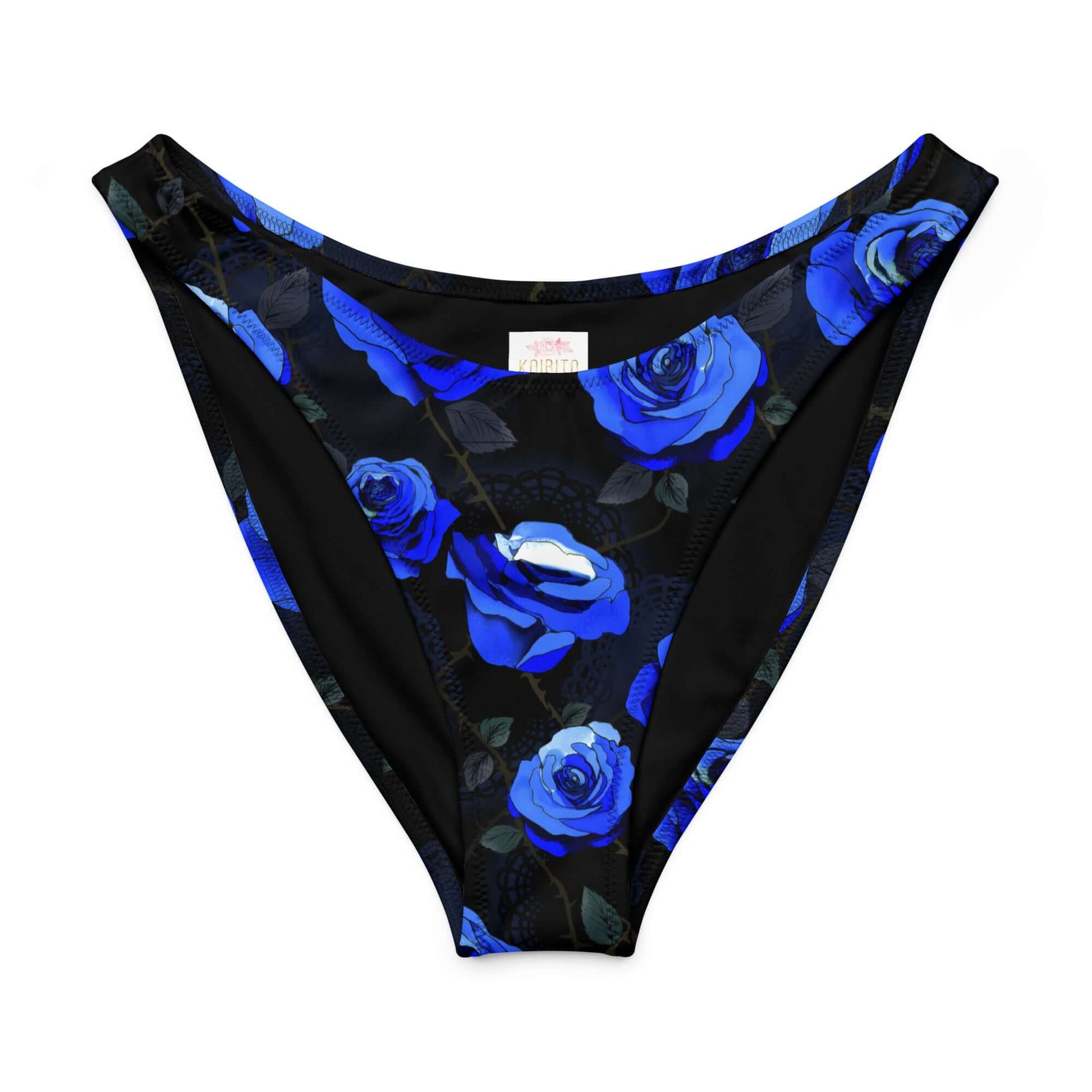 V-cut bikini bottoms in black with vibrant blue rose print, perfect for summer with UPF 50+ sun protection.