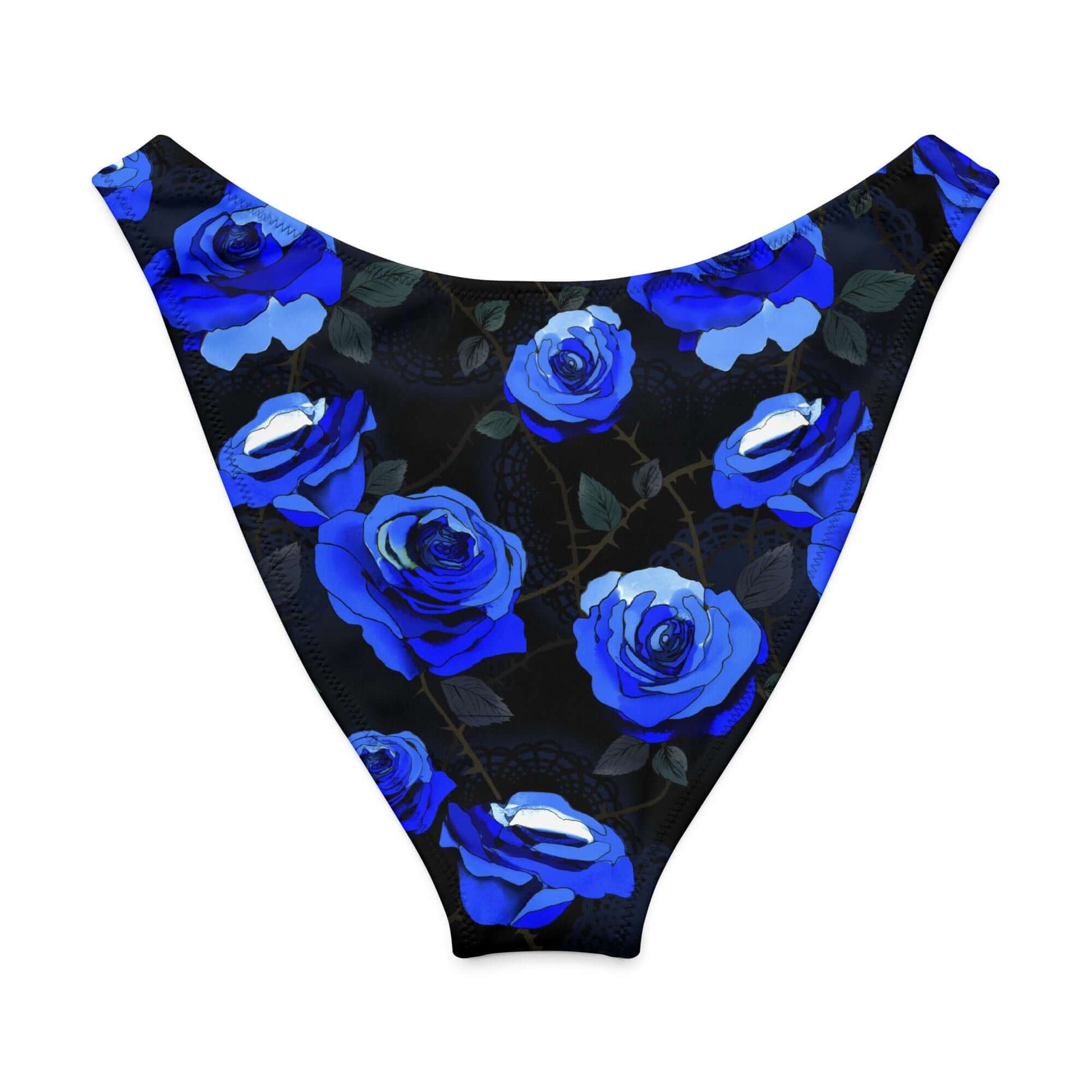 V-cut bikini bottom featuring vibrant blue roses on a black background, perfect for stylish summer days.