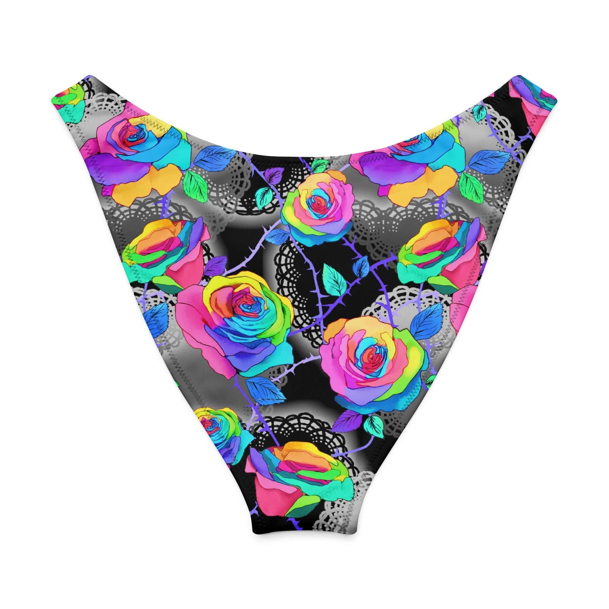 Colorful V-cut bikini bottom featuring vibrant roses and lace designs, perfect for sunny beach days.