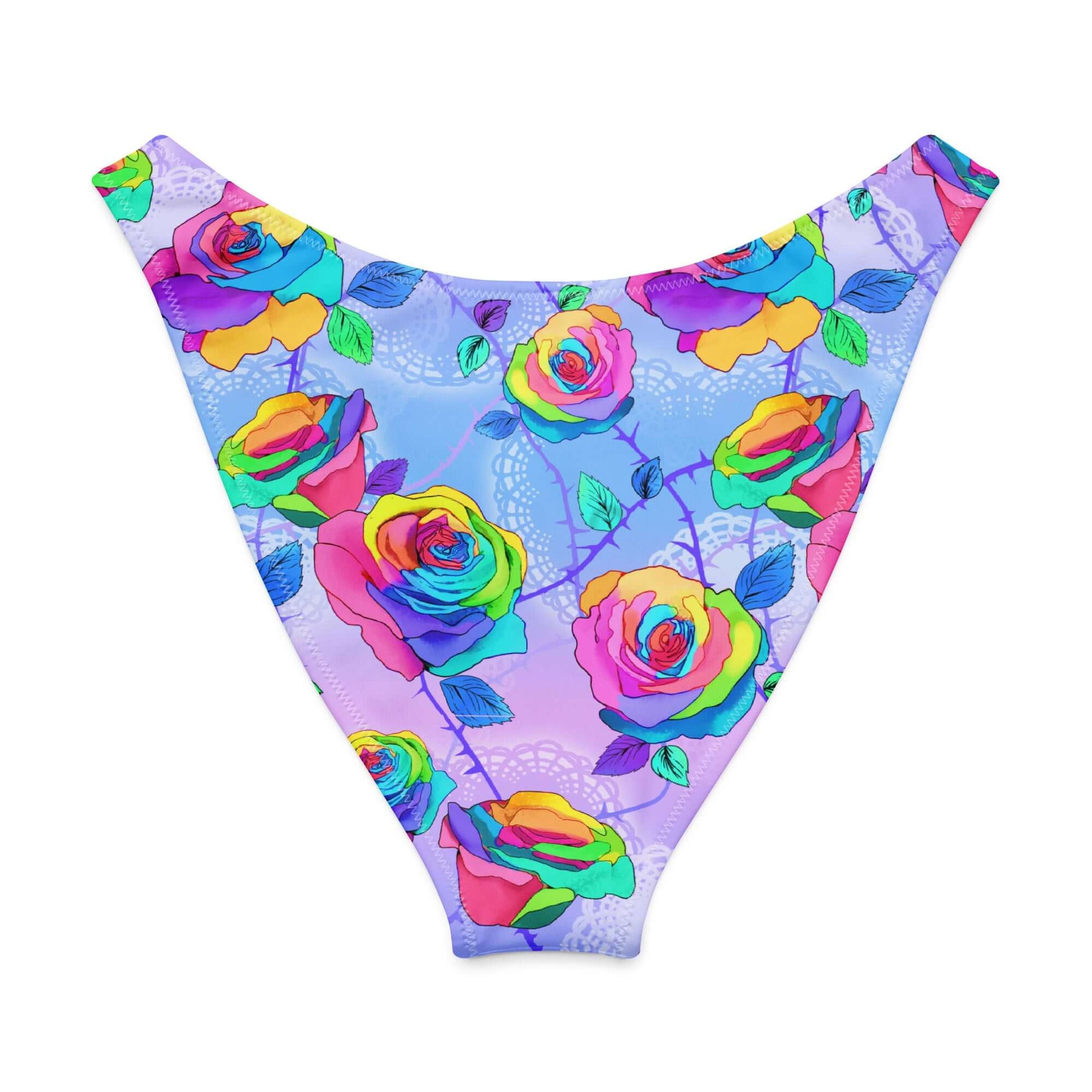 V-cut bikini bottom featuring colorful roses on a pastel background, perfect for sunny beach days.