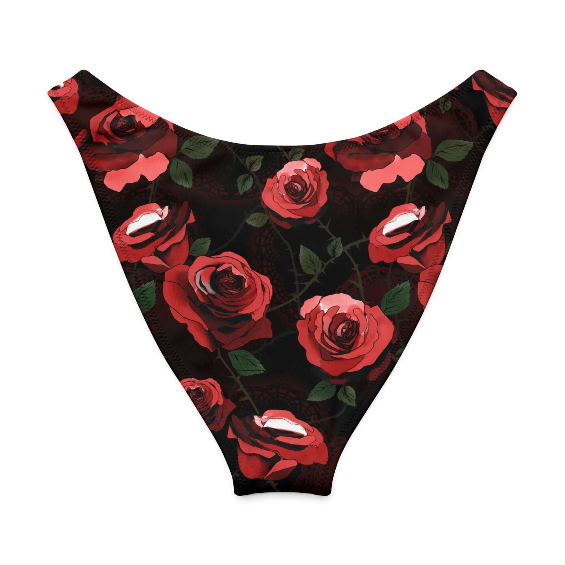 V-cut bikini bottom with a vibrant rose print on a black background, perfect for stylish summer days.