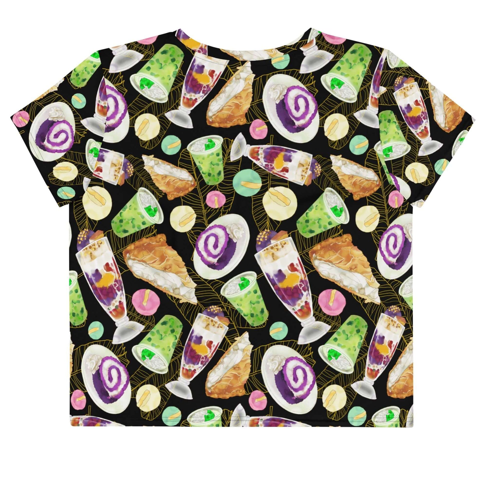 Stylish Filipino Dessert Crop Top featuring vibrant dessert prints, perfect for showcasing your love for Filipino sweets.