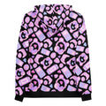 Back view of Gamer Girl Hoodie with pastel gaming designs, including bear headphones, consoles, and tamagotchis on a black background.