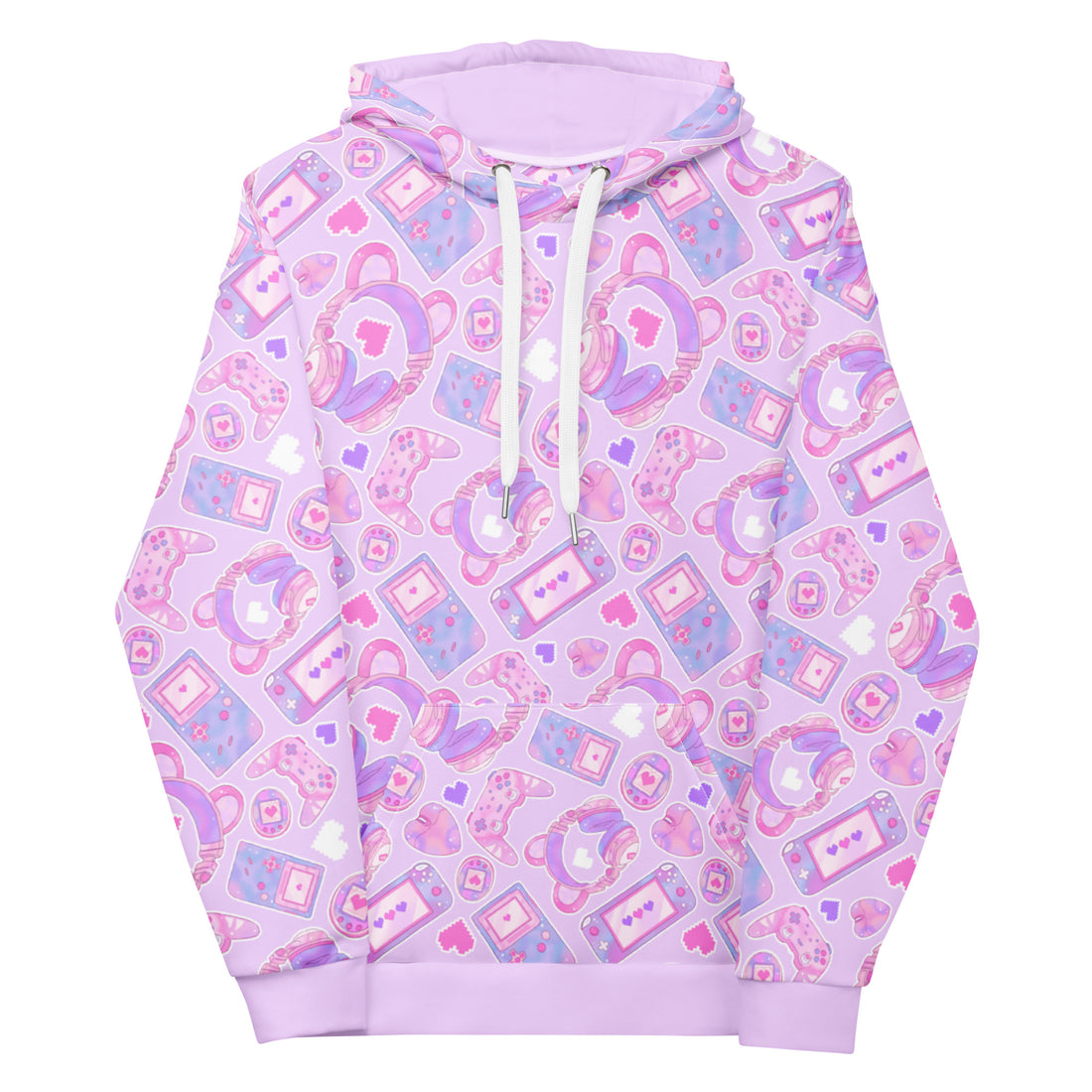 Pastel Gamer Girl Hoodie featuring bear ears, gaming icons, and playful designs in pink and purple tones.