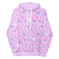 Pastel Gamer Girl Hoodie featuring bear ears, gaming icons, and playful designs in pink and purple tones.