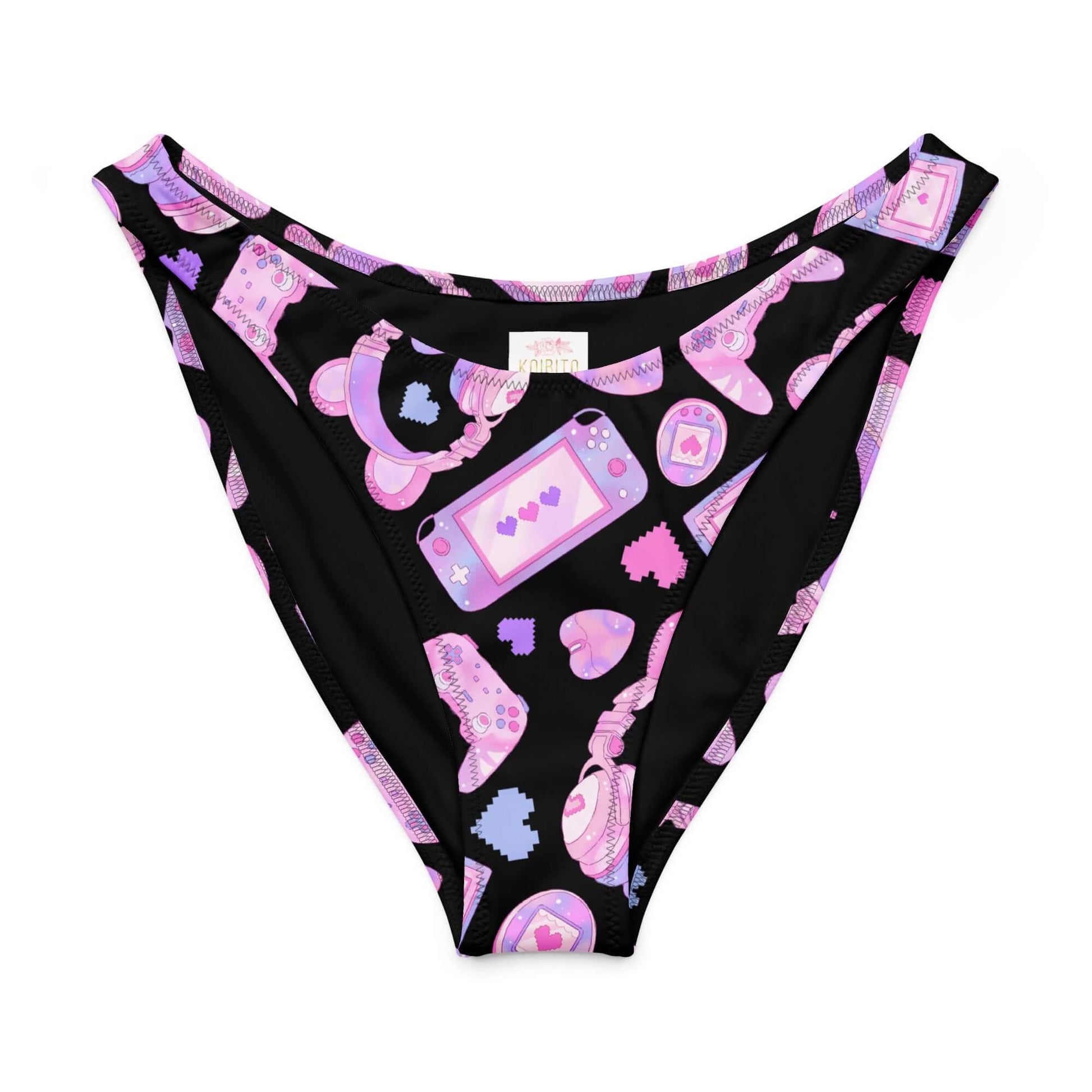 Gamer Girl V-cut bikini bottom featuring playful video game and heart patterns in pink on a black background.