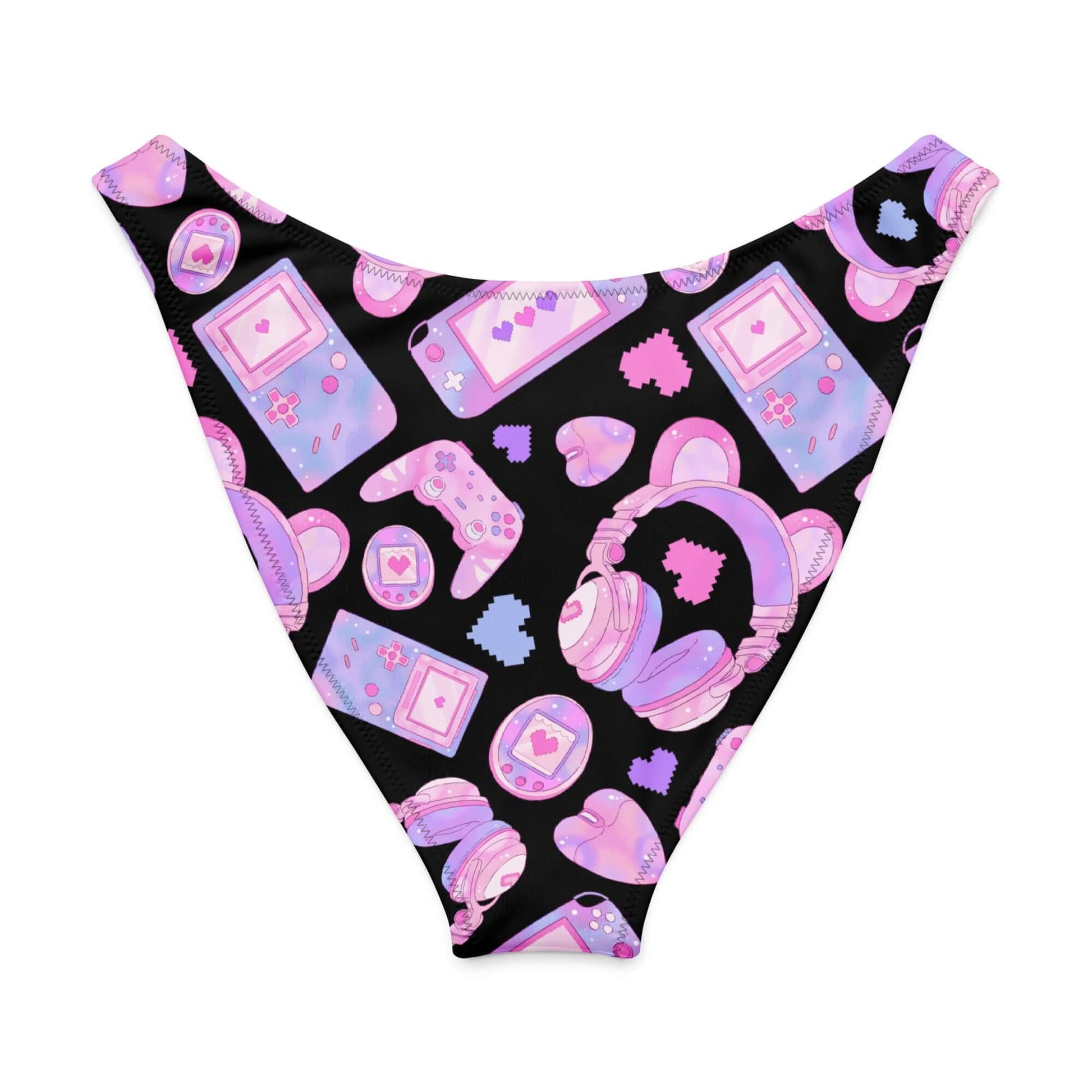 V-cut bikini bottom featuring a playful gamer-themed print in pink and purple against a black background.