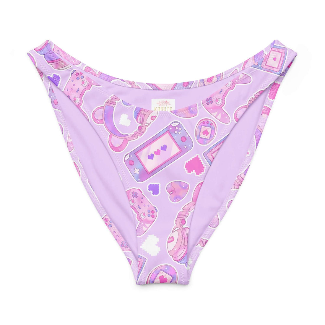 Gamer Girl V-cut bikini bottom in lavender with playful gaming pattern and high-leg cut.