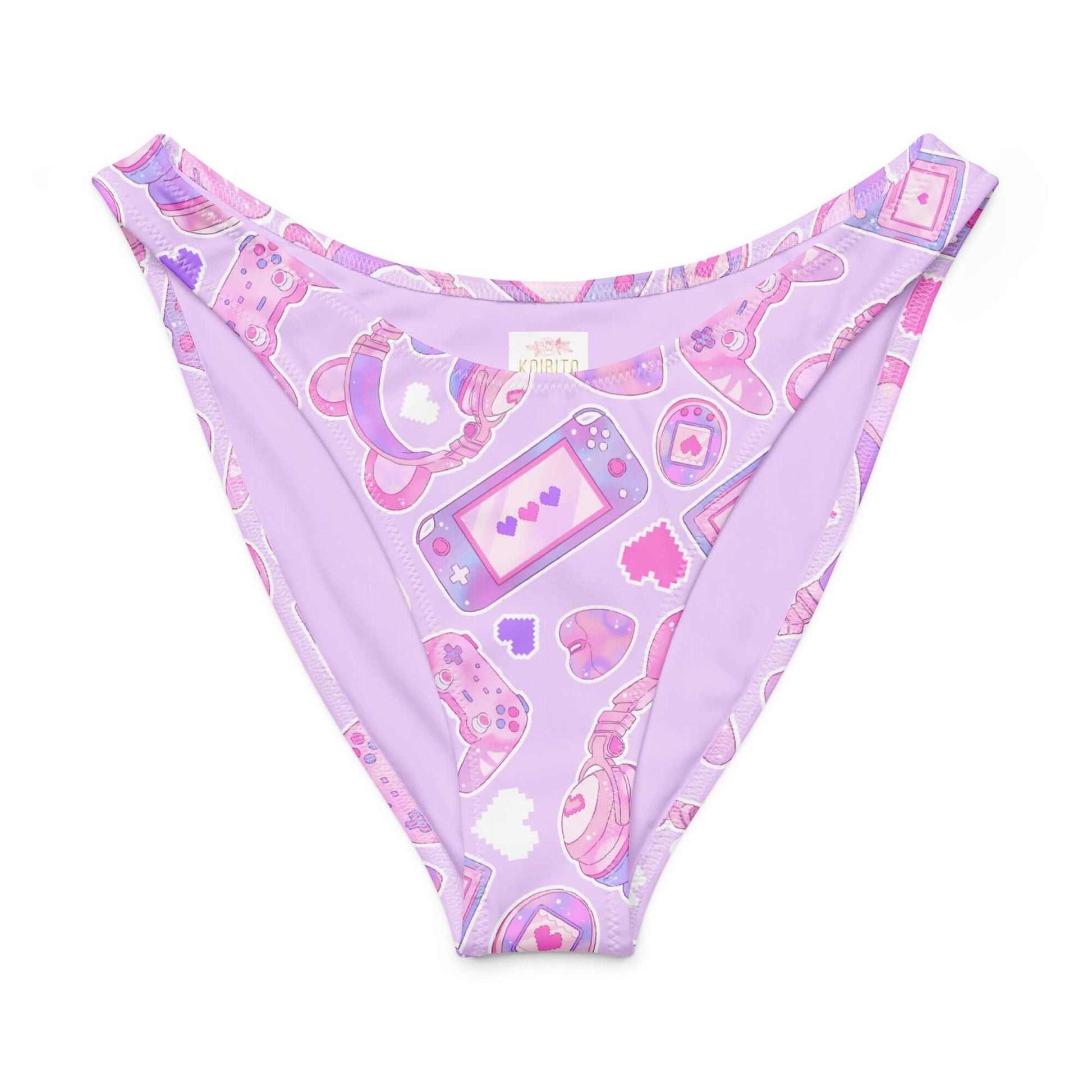 Gamer Girl V-cut bikini bottom in lavender with playful gaming pattern and high-leg cut.