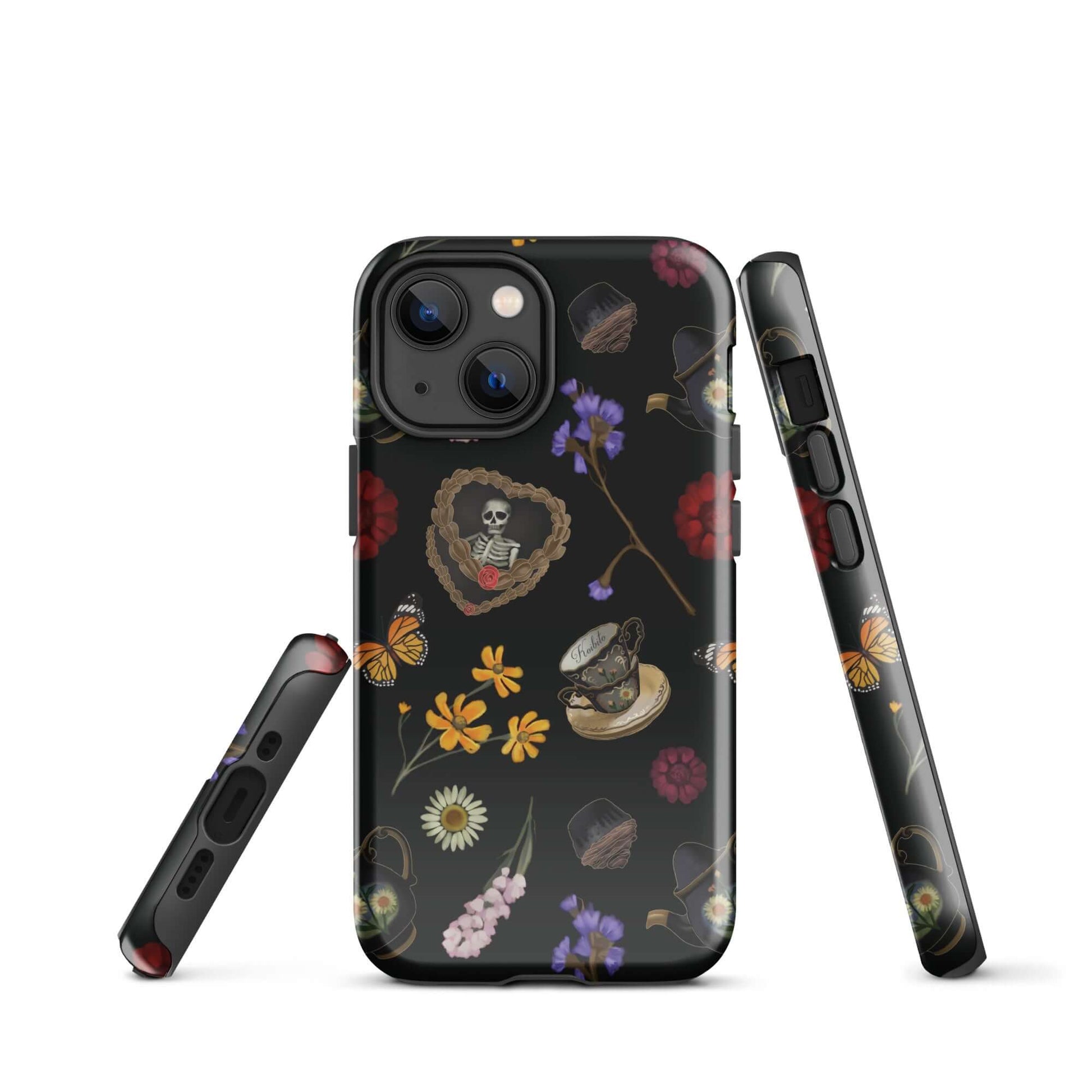 Stylish Gothic Tea Time iPhone® Tough Case featuring floral and skull designs for durable phone protection.