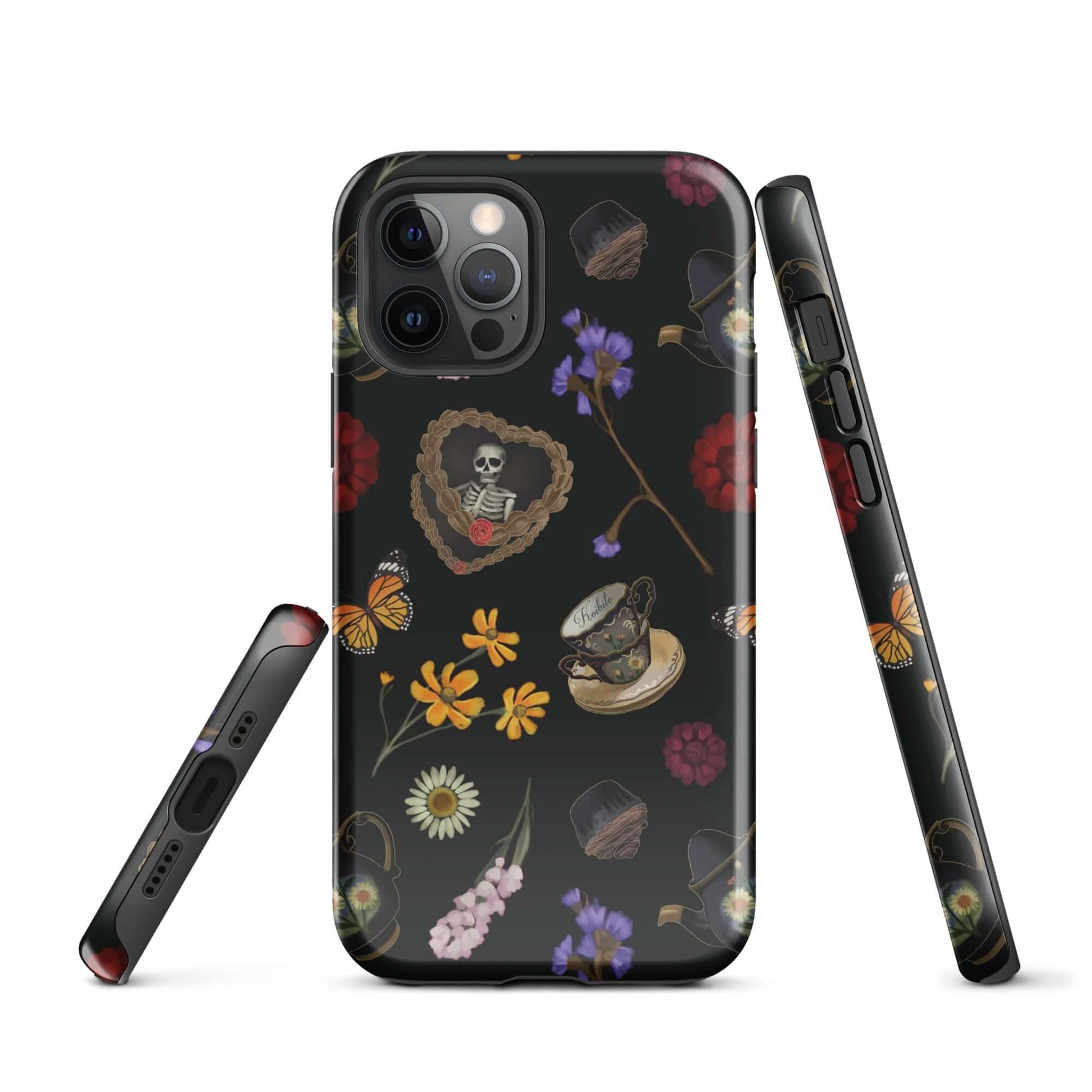 Gothic Tea Time iPhone® Tough Case features a stylish design with floral and skull motifs, perfect for year-round protection.