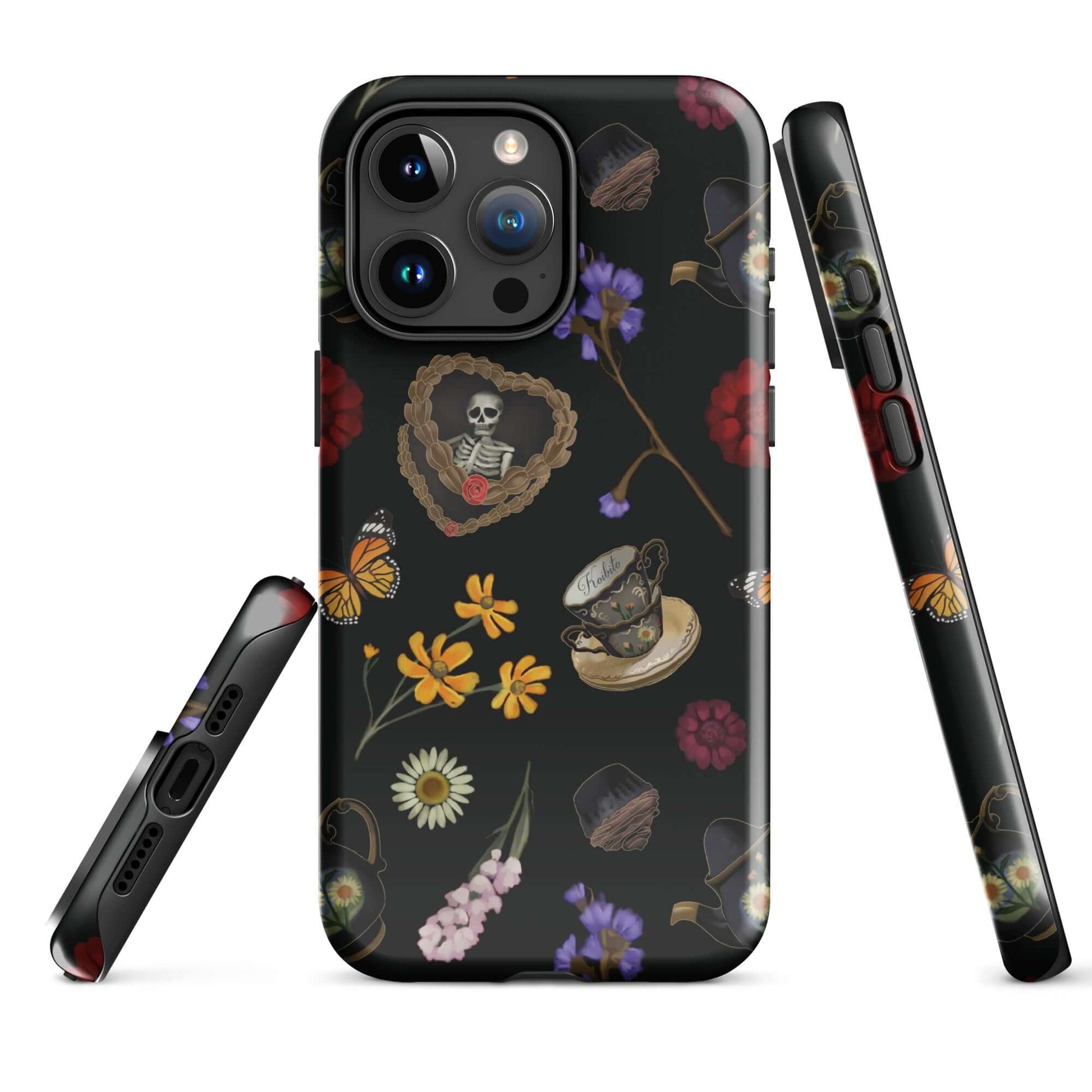 Gothic Tea Time iPhone® Tough Case features a stylish design with floral and skull motifs, offering durability and protection.