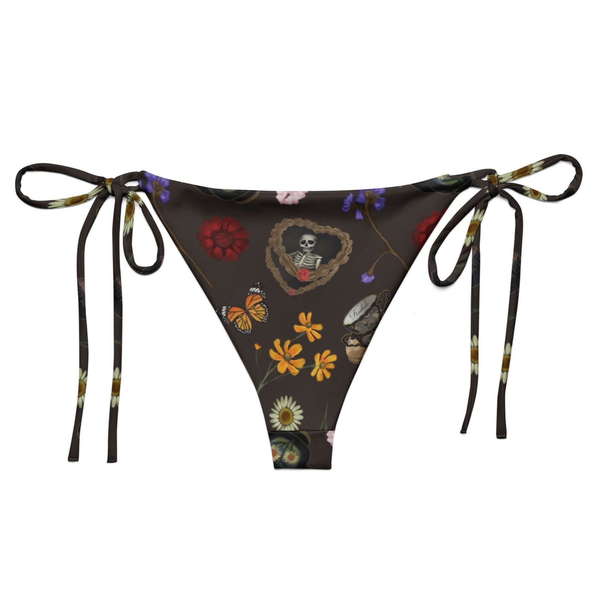 Gothic Tea Time String Bikini Bottom features a unique floral design, perfect for summer poolside relaxation.
