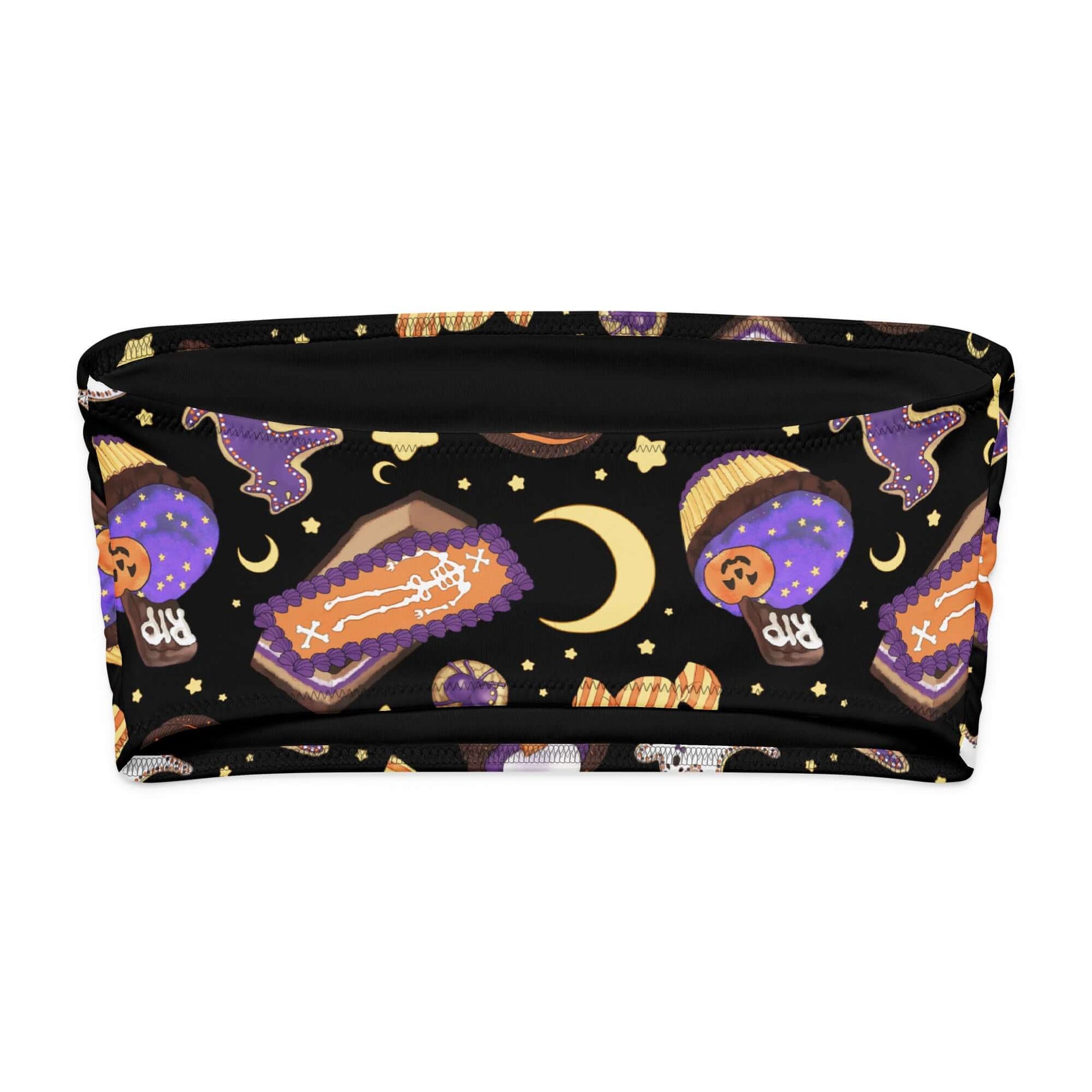 Halloween treat bandeau bikini top with colorful spooky designs, perfect for layering and lounging.