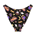 Halloween treat V-cut bikini bottom with festive ghost and dessert patterns on a black background.