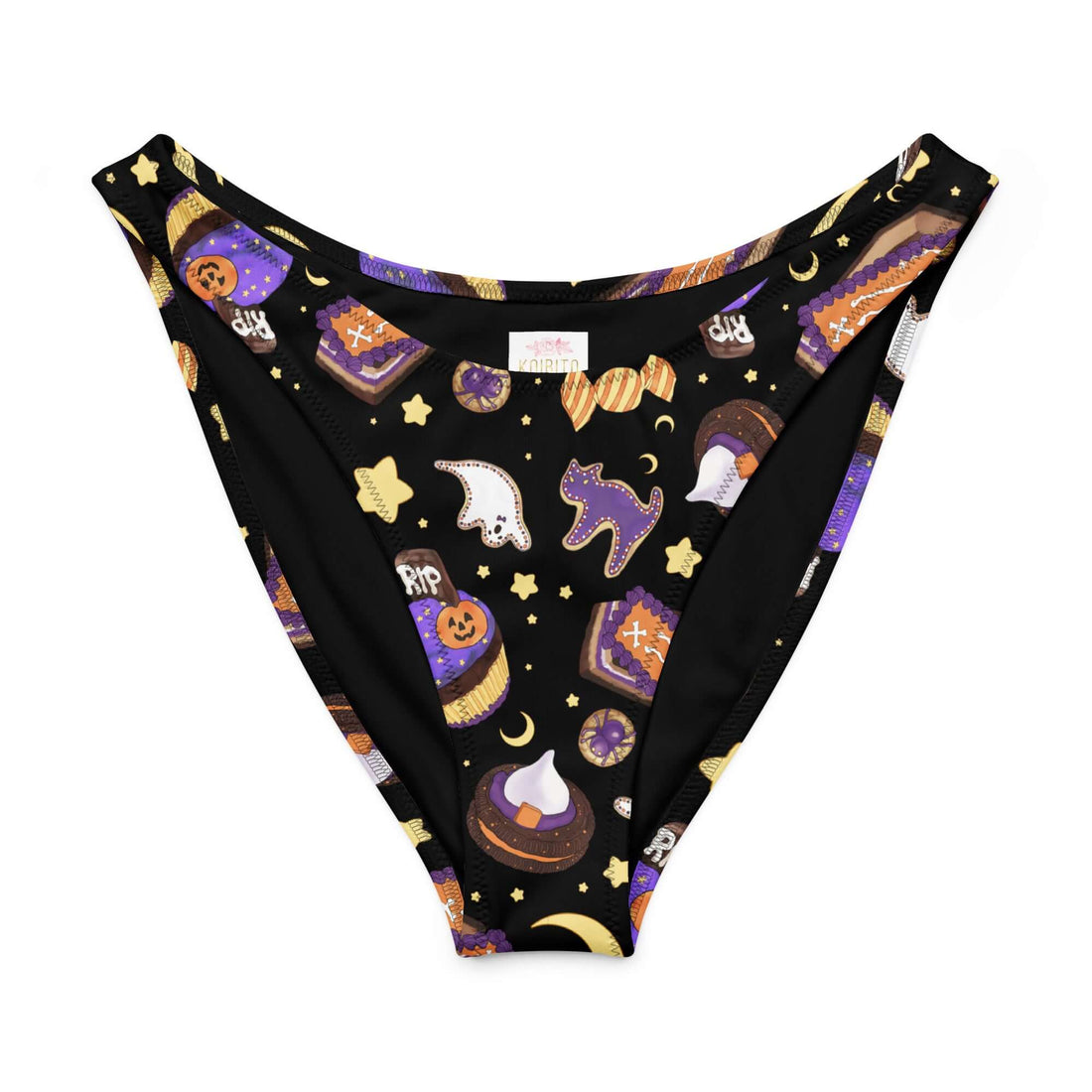 V-cut Halloween bikini bottom featuring spooky patterns like ghosts and pumpkins on a black background.