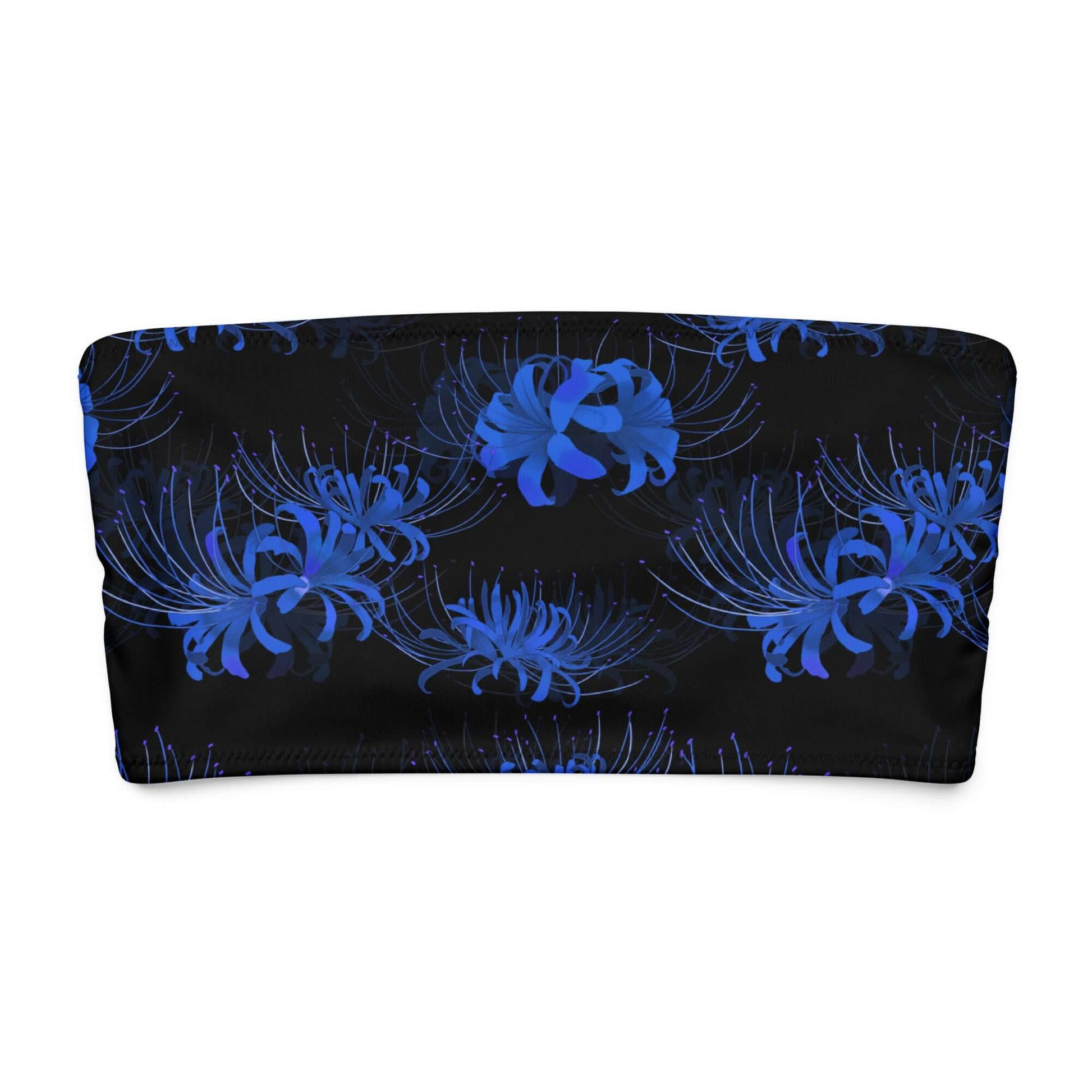 Higanbana bandeau bikini top in black with vibrant blue floral pattern, perfect for sunbathing and lounging.