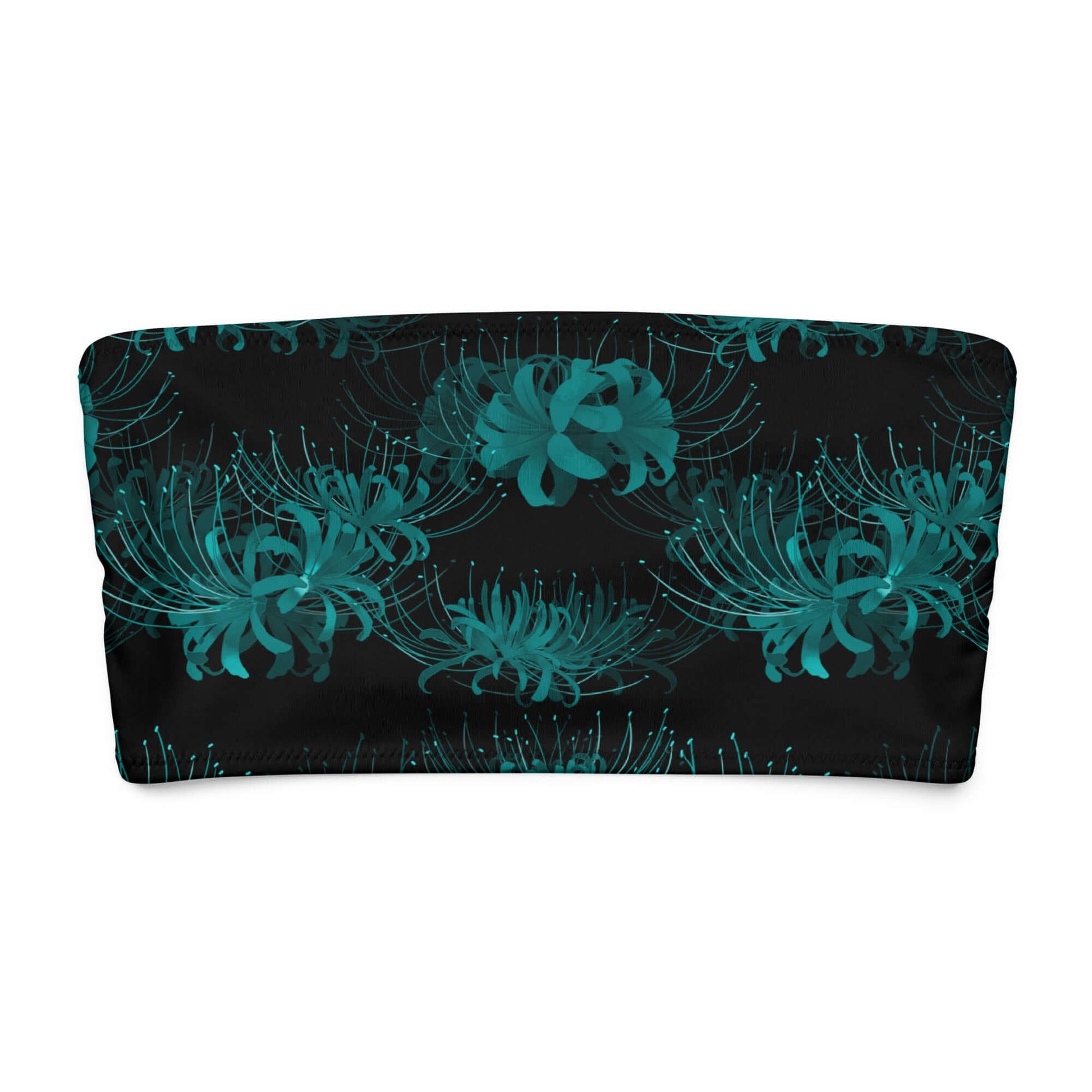 Higanbana bandeau bikini top featuring a vibrant teal floral design on a black background, perfect for stylish summer lounging.