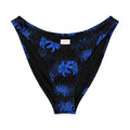 Higanbana V-cut bikini bottom in black with blue floral print, featuring a flattering high-leg cut and soft fabric.
