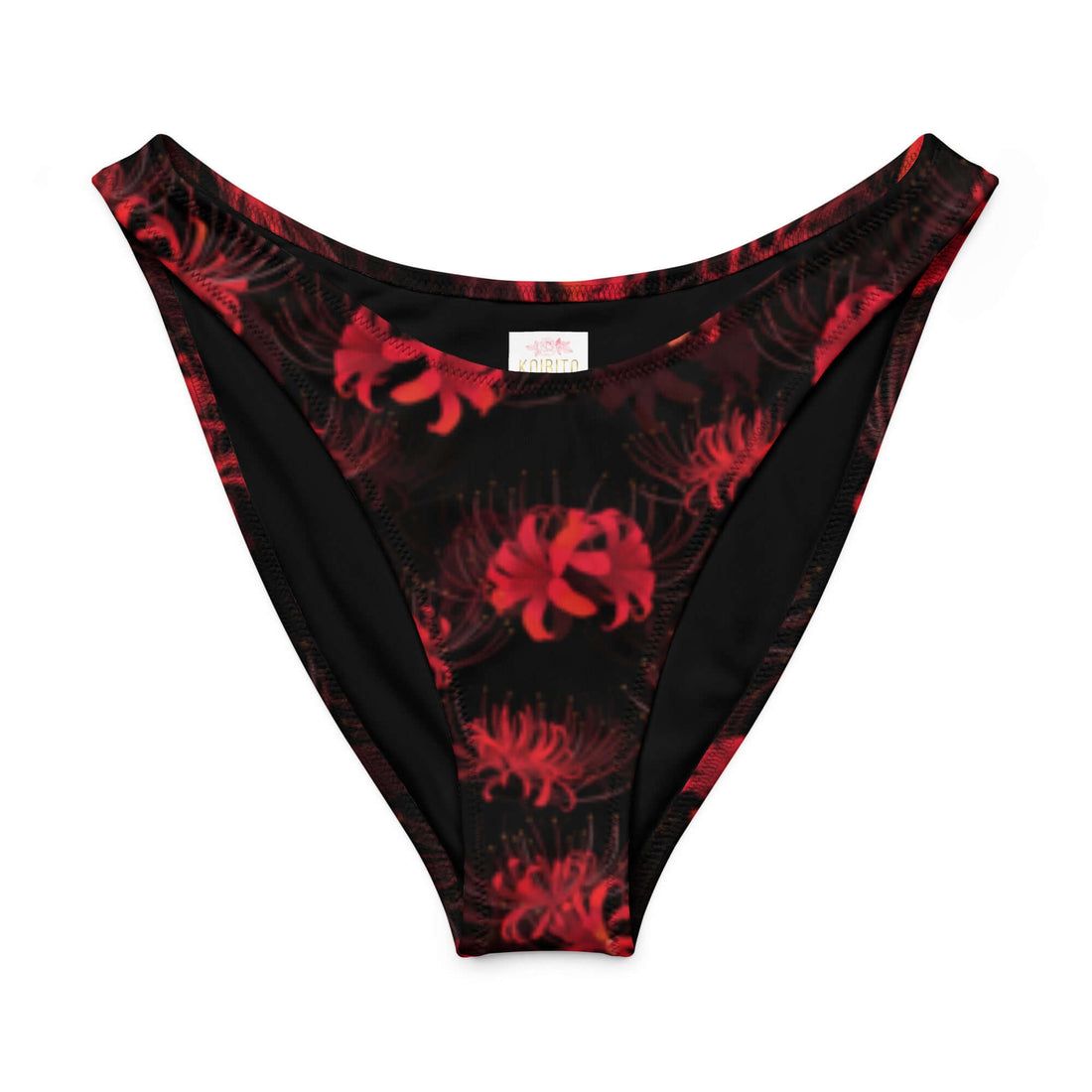 Higanbana V-cut bikini bottom in bold red flower pattern, featuring high-leg cut and soft, stretchy fabric.