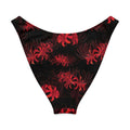 V-cut bikini bottom featuring a striking red Higanbana floral pattern on a black background.