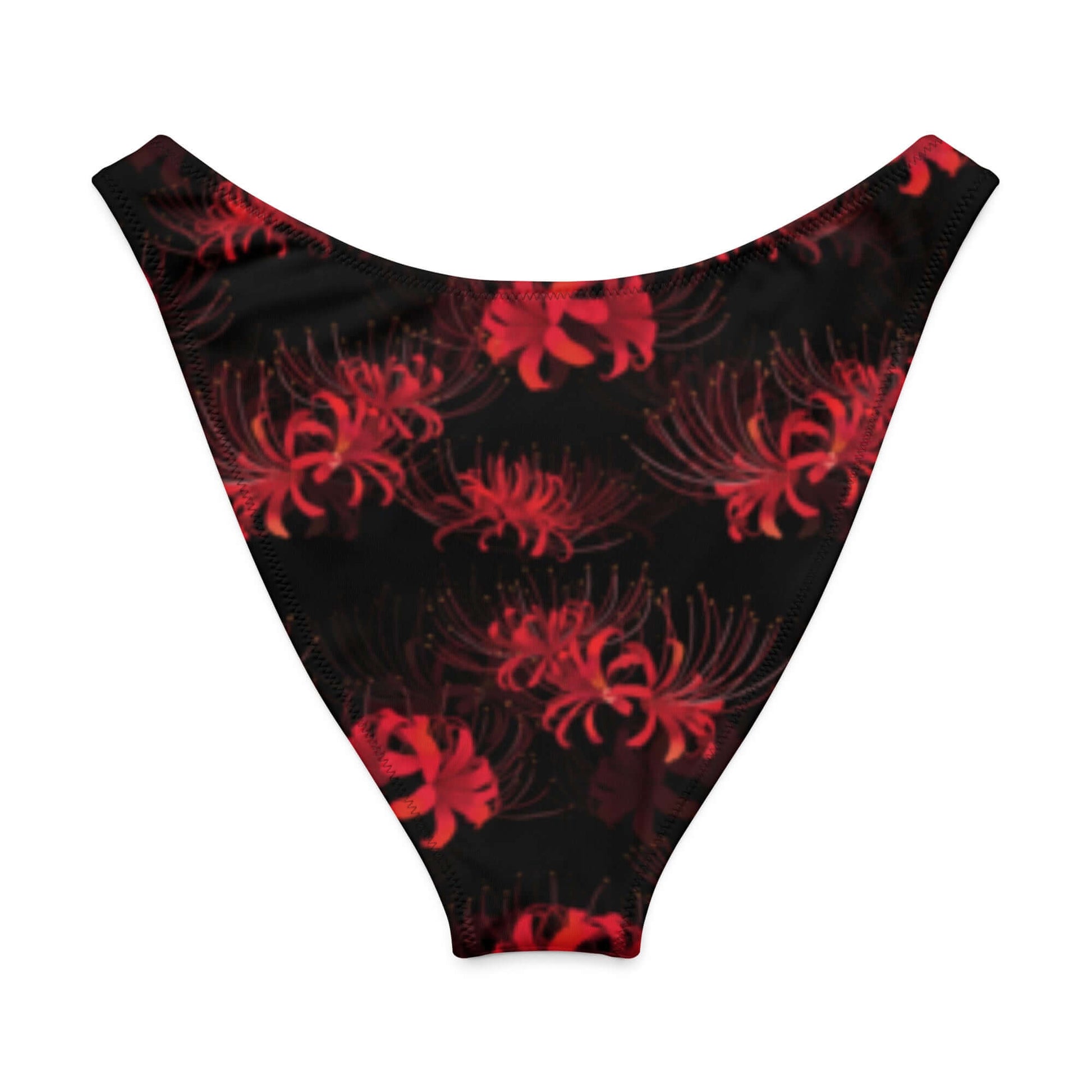 V-cut bikini bottom featuring a striking red Higanbana floral pattern on a black background.