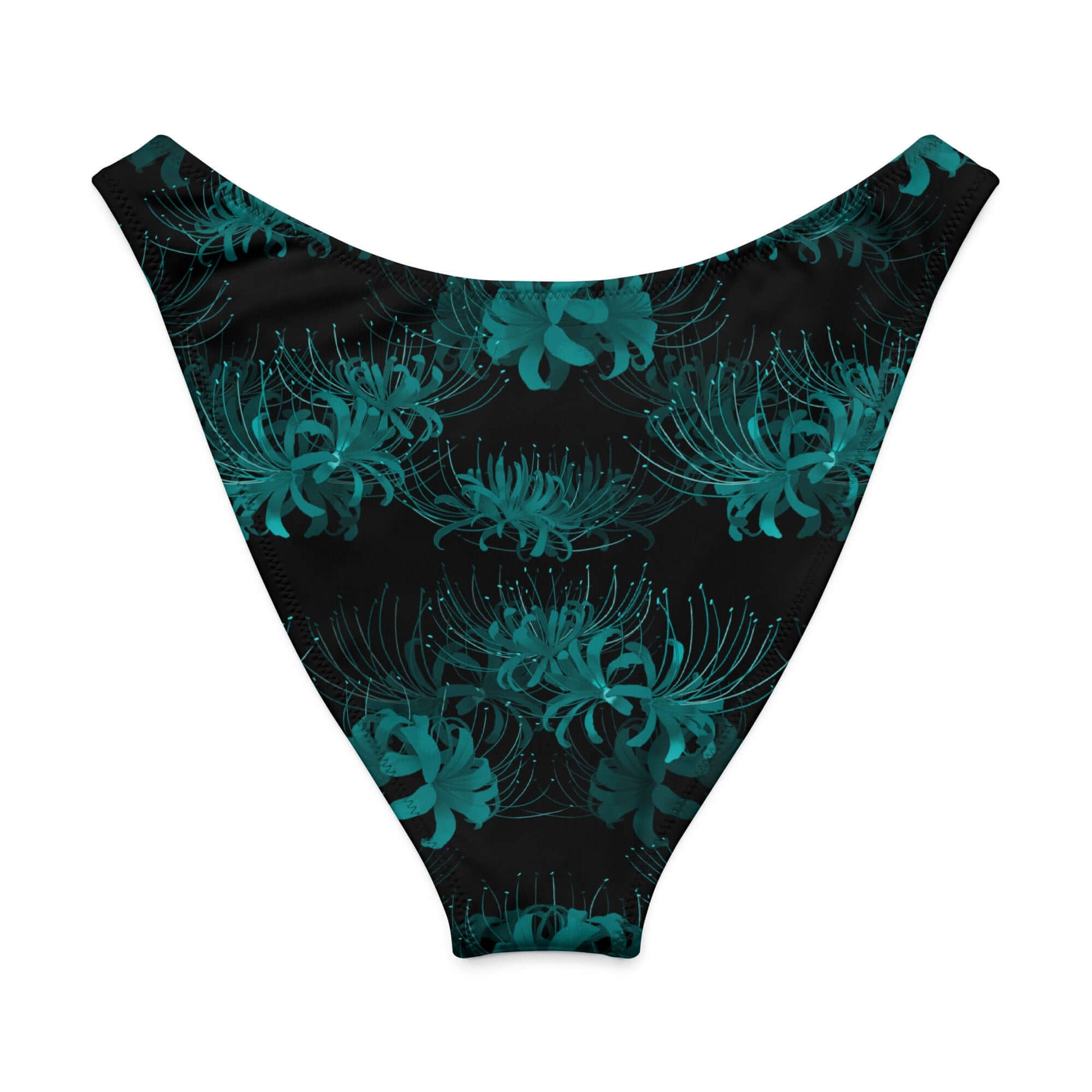 Higanbana V-cut bikini bottom with teal floral design on a black background, featuring high-leg cut for a flattering fit.