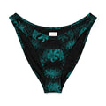 Higanbana V-cut bikini bottom in teal floral print, flattering high-leg cut, soft fabric with UPF 50+ protection.