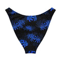 Higanbana V-cut bikini bottom in black and blue floral design with high-leg cut and soft, stretchy fabric.