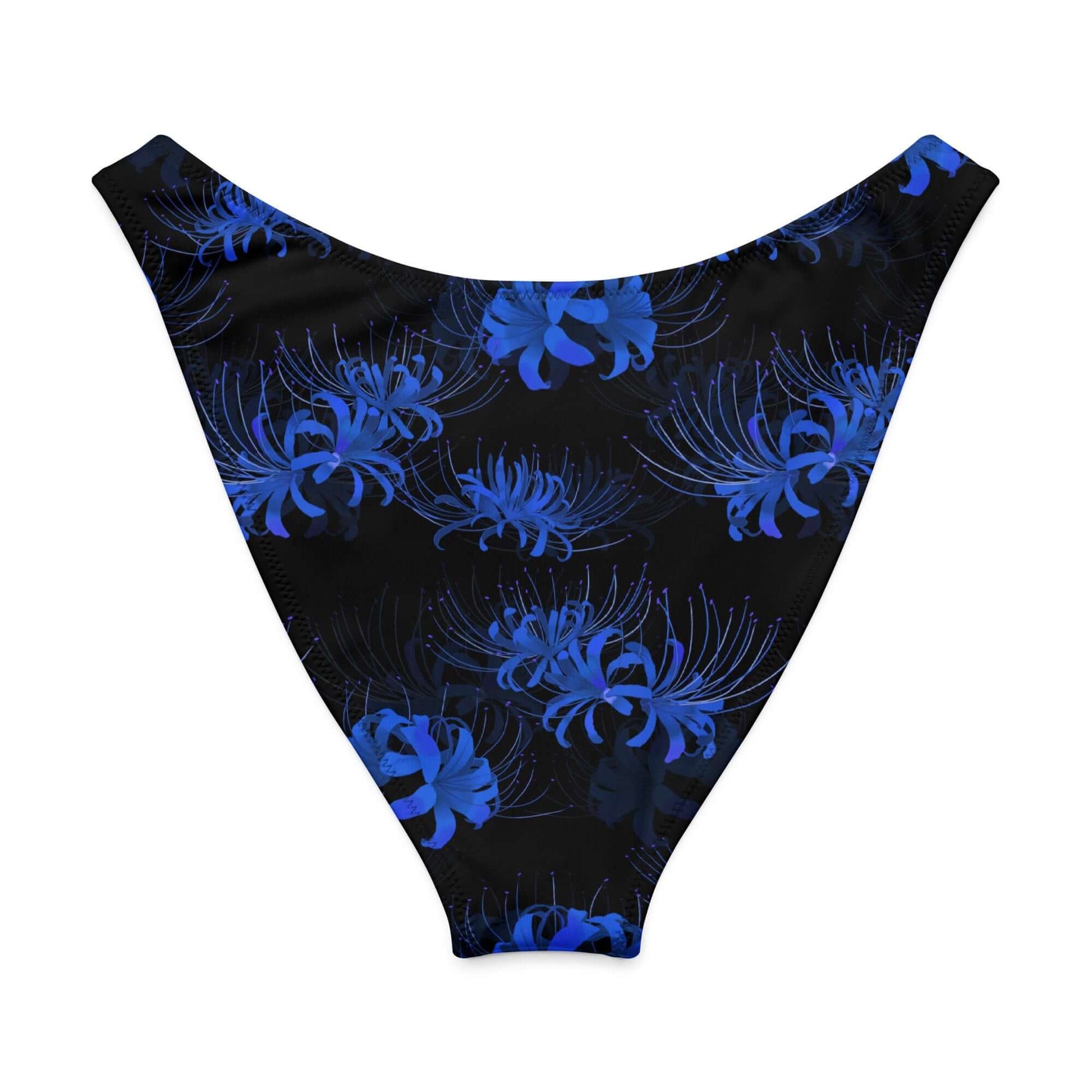 Higanbana V-cut bikini bottom in black and blue floral design with high-leg cut and soft, stretchy fabric.