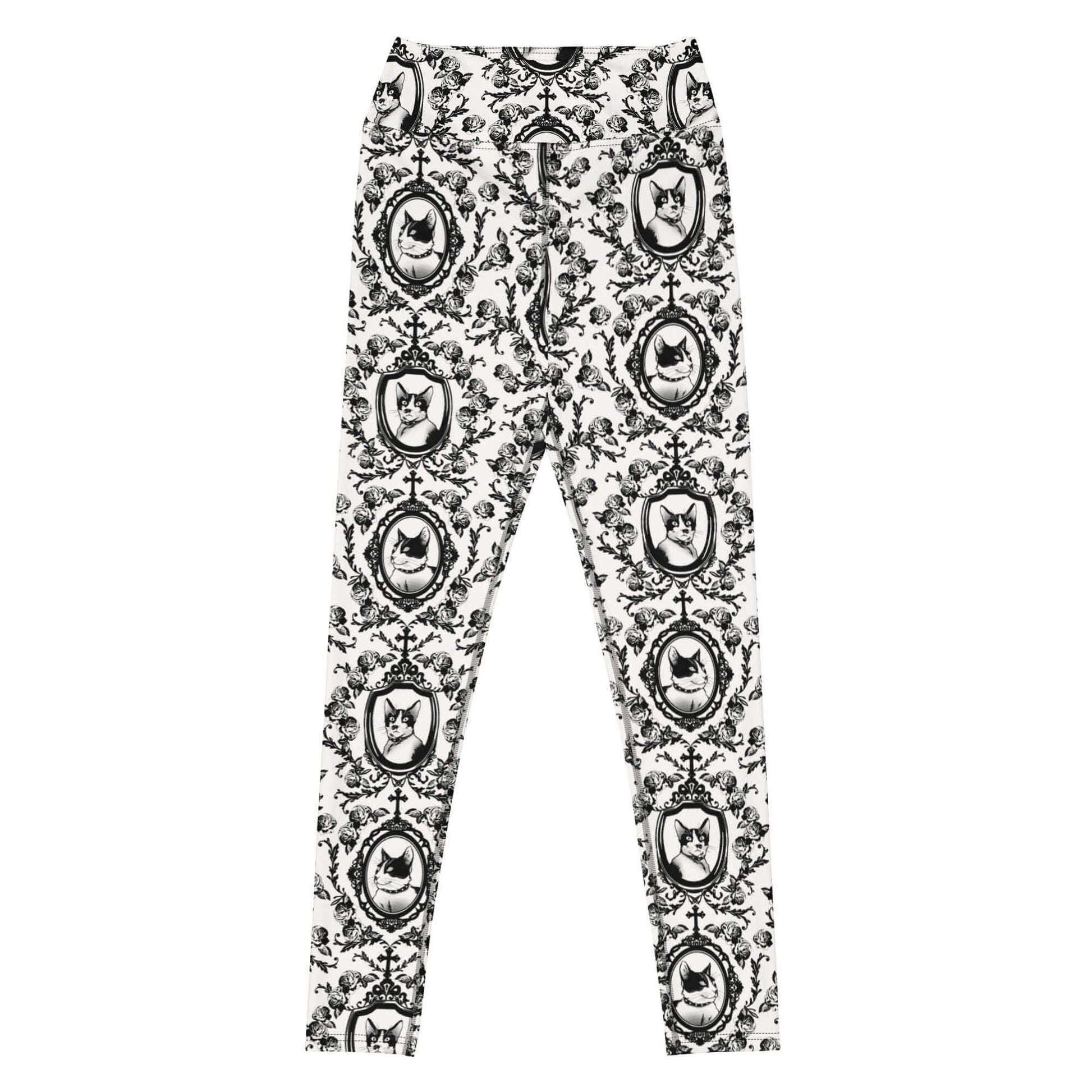 High-waisted Queen's Beloved Kitty Leggings feature a regal cat print, perfect for stylish comfort and flair.
