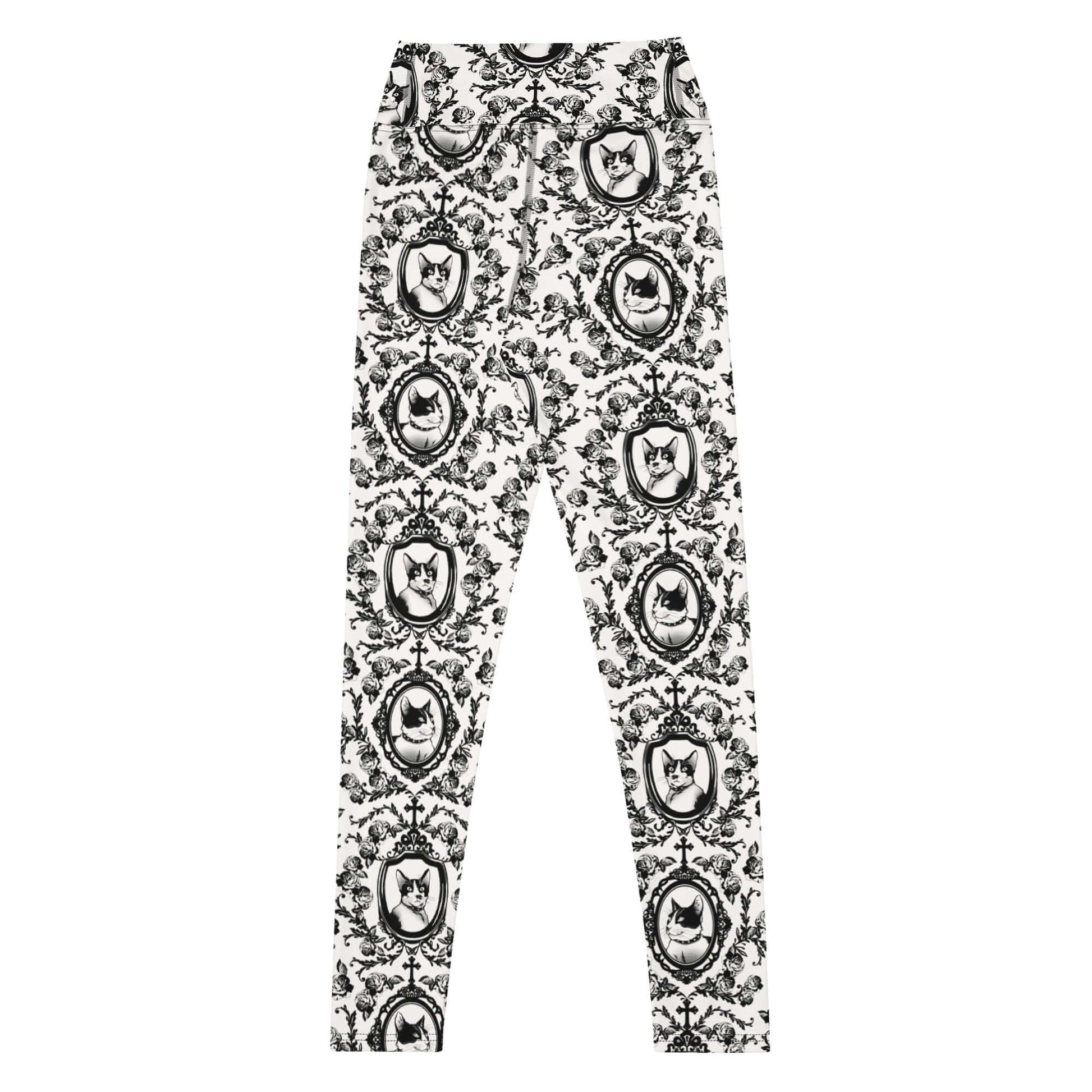 High-waisted Queen's Beloved Kitty Leggings feature a regal cat print, perfect for comfort and style.