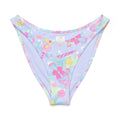 Colorful V-cut bikini bottom with playful patterns, perfect for summer days and beach fun.