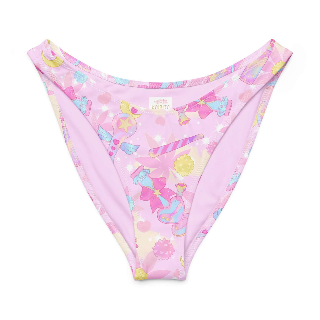 Indica Magica V-cut bikini bottom in pink with fun pastel prints, high-leg cut, and UPF 50+ sun protection.