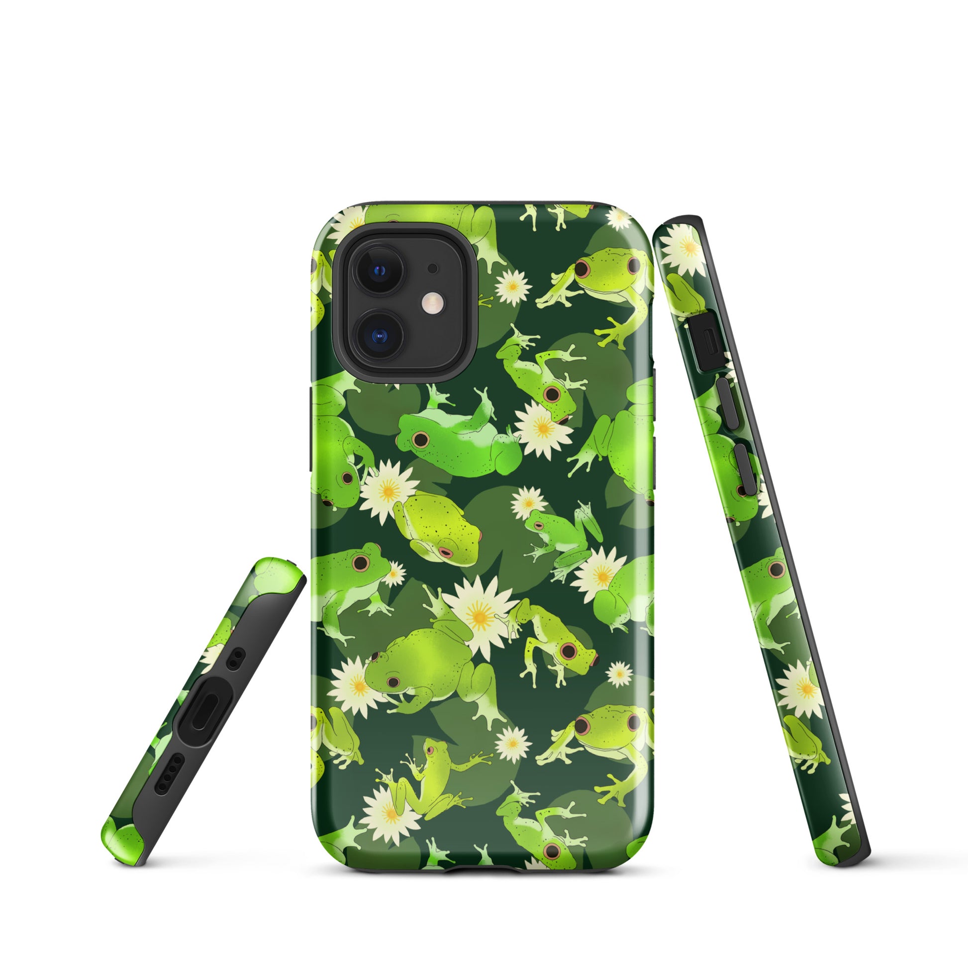 Stylish Kero-kero iPhone® Tough Case showcasing vibrant frog patterns, offering durable protection for your phone.