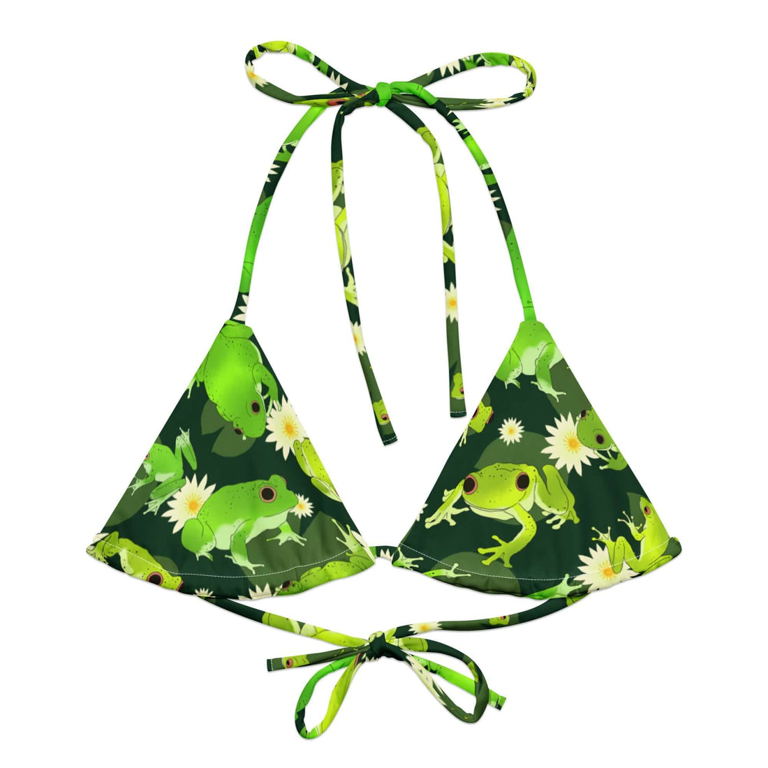 Kero-kero Padded String Bikini Top features an eco-friendly design with vibrant frog prints, perfect for summer fun.